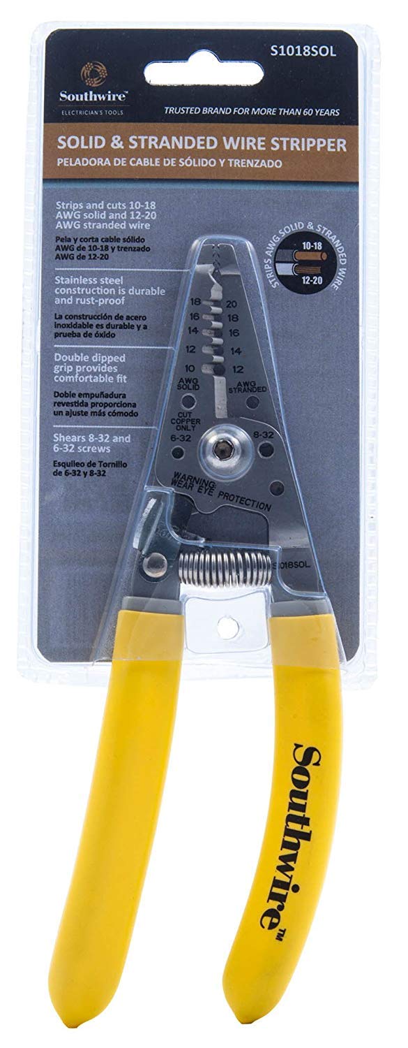 Southwire Ergonomic Wire Stripper - Fast & Clean Wire Stripping for 10-18 AWG Solid & 12-20 AWG Stranded - Stainless Steel Blades - Shears Screws