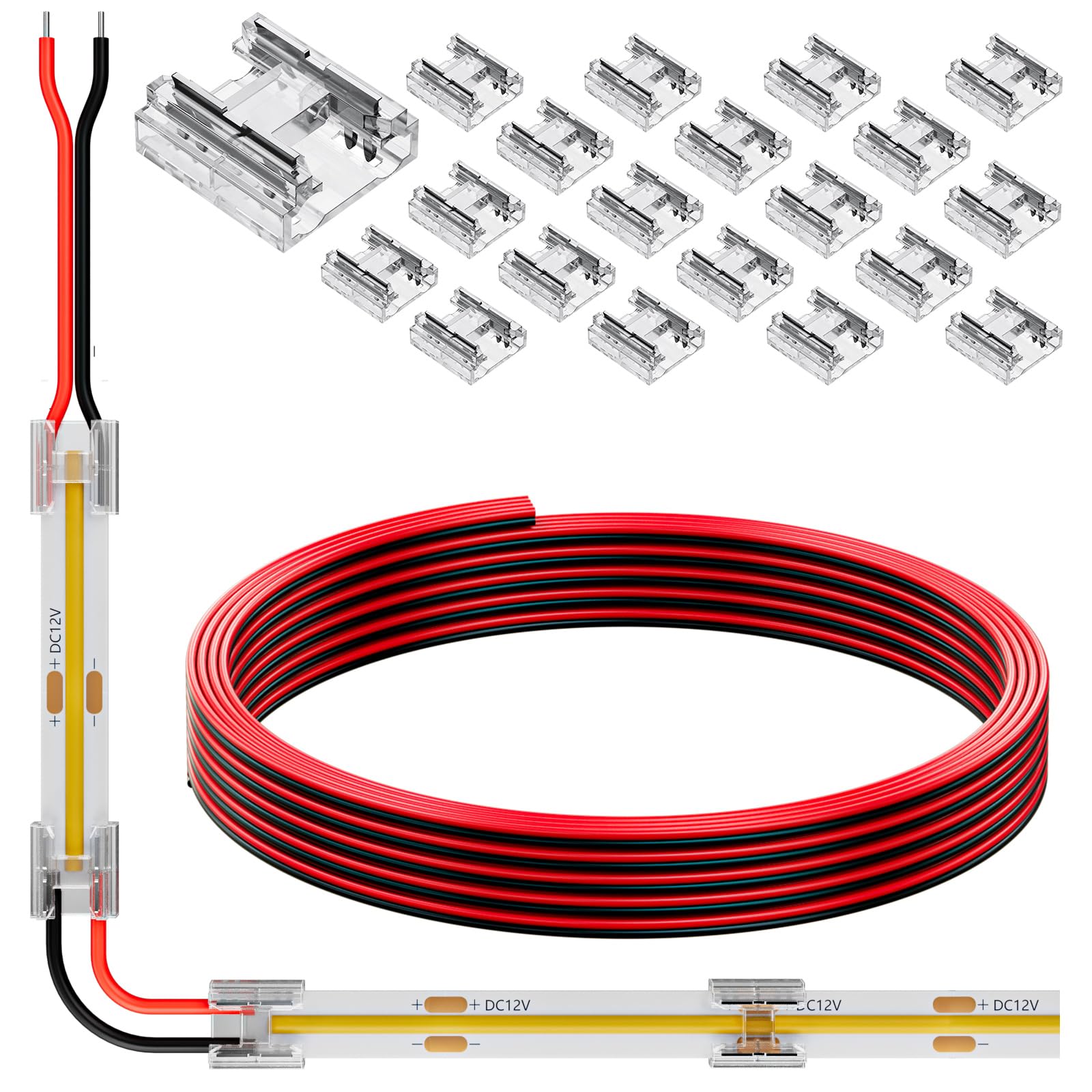 KOMIGAN 20 Pack COB 0.31in(8mm) 2 pin Transparent Connector, 6.6FT(200cm) Long 20AWG Extension Wires for Non-Wired Gapless Solderless