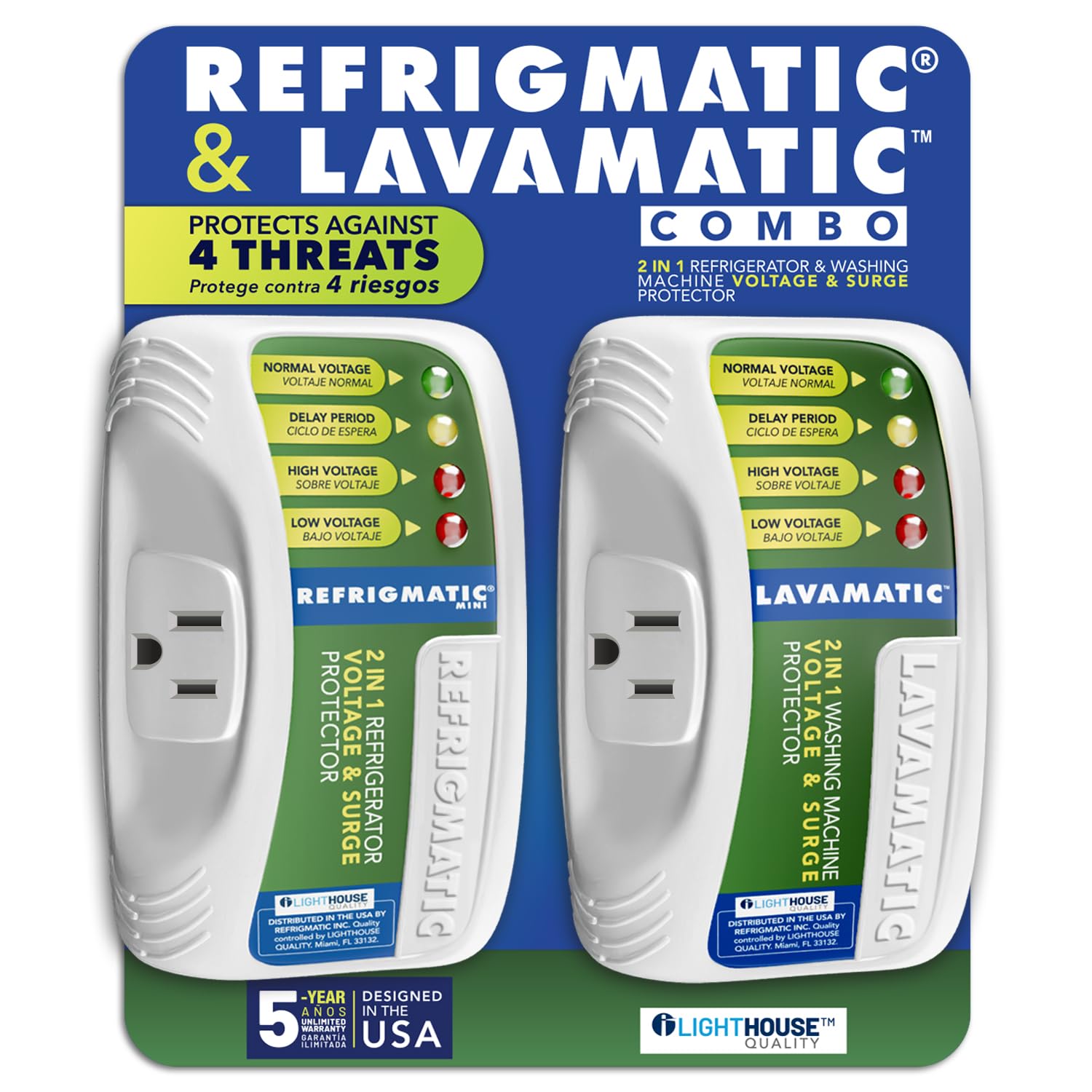 Two Electronic Voltage & Surge Protector Combo - Protect your Refrigerator and Washing Machine Against High and Low Voltage, Brownouts and Spikes