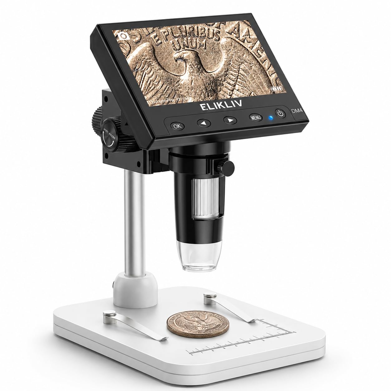 Elikliv Microscope, LCD Digital Coin Microscope 1000x, Coin Magnifier with 8 Adjustable LED Lights, PC View Compatible with Windows/MacBook, EDM4, 4.3-Inch