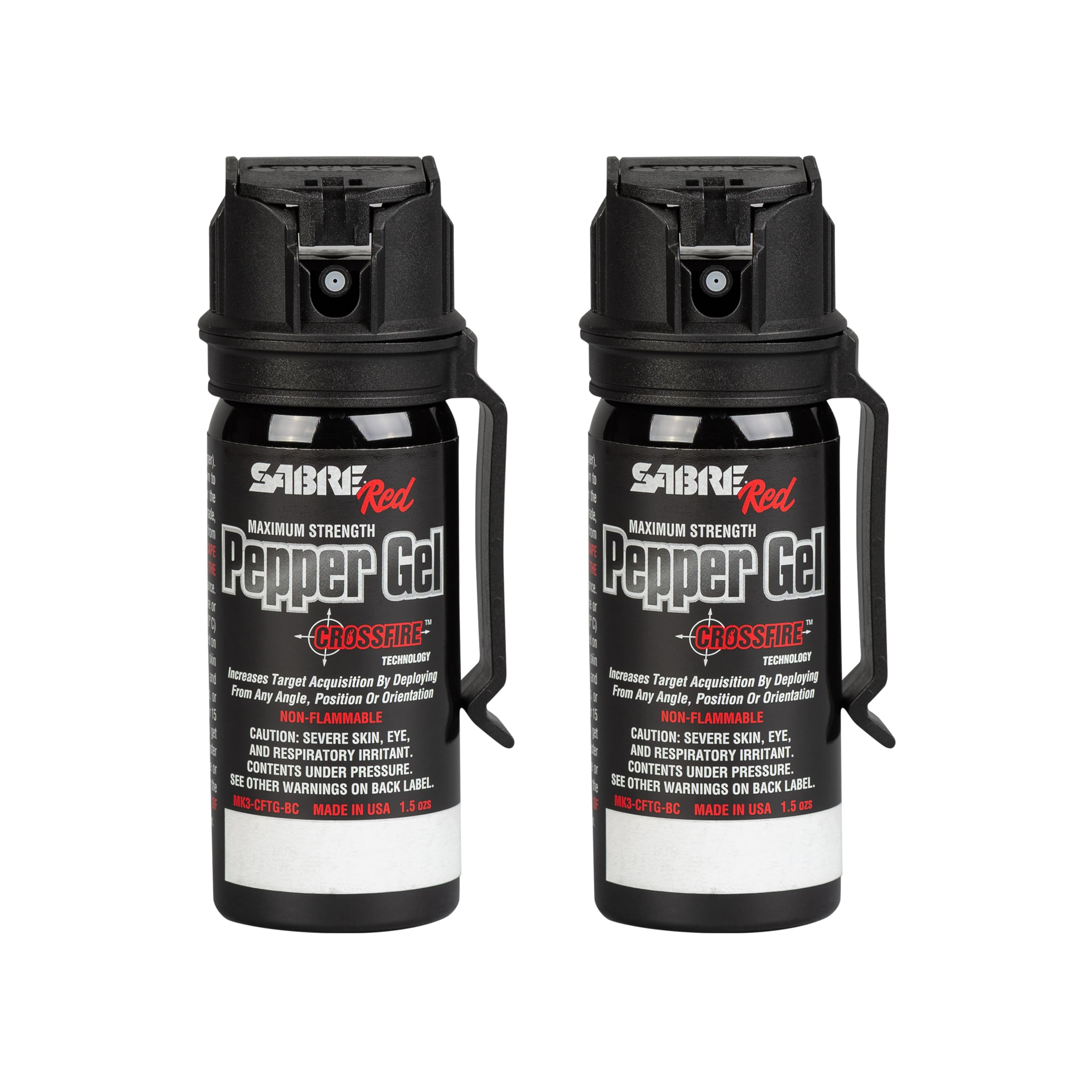 SABRE Crossfire Pepper Gel - 360° Spray for Defense at Any Angle, Maximum Strength Police-Grade OC Pepper Spray with UV Marking Dye, 20‑Foot Tactical Range, Fast Flip Top Safety, Belt Clip, 1.5 fl oz