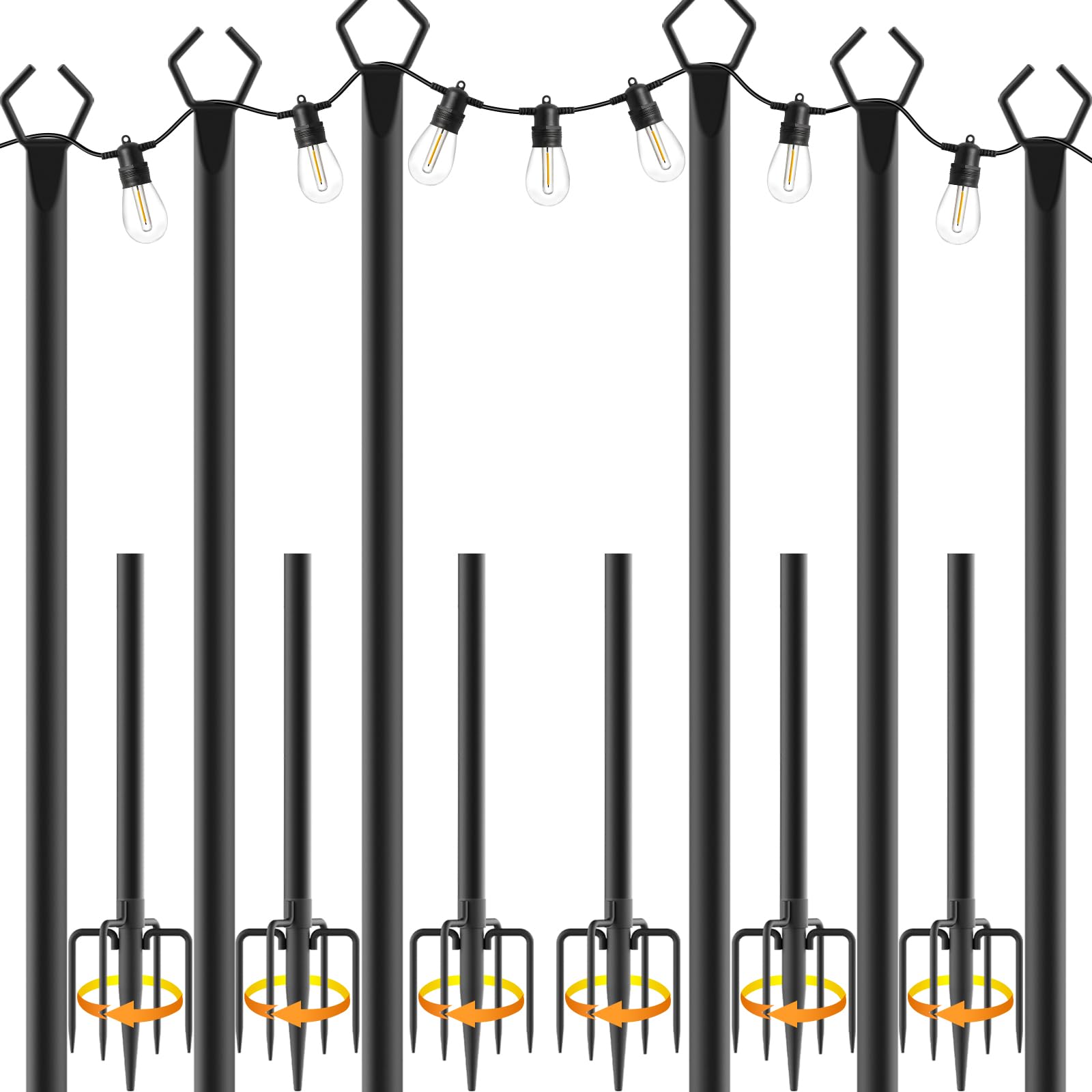 NSHWFW 6 Pack 10 ft Heavy Duty Metal String Light Poles Adjustable Outdoor Lighting Stand for Patio,Backyard,Garden,Party & Wedding Rustproof & Sturdy with Hooks