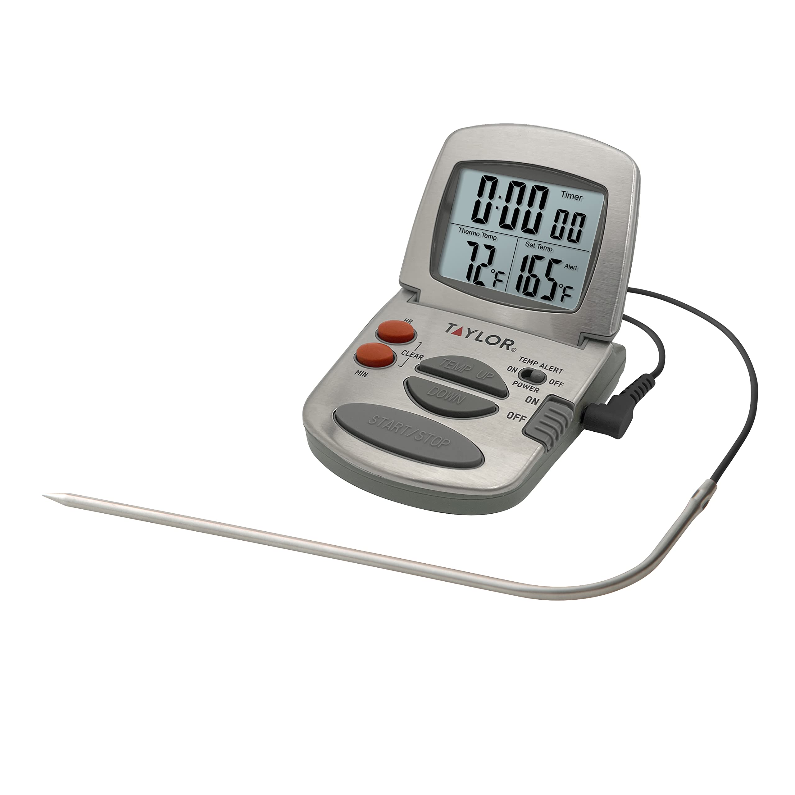 Taylor Precision Products Programmable with Timer Instant Read Wired Probe Digital, Meat, Food, Grill BBQ Cooking Kitchen Thermometer, Stainless Steel