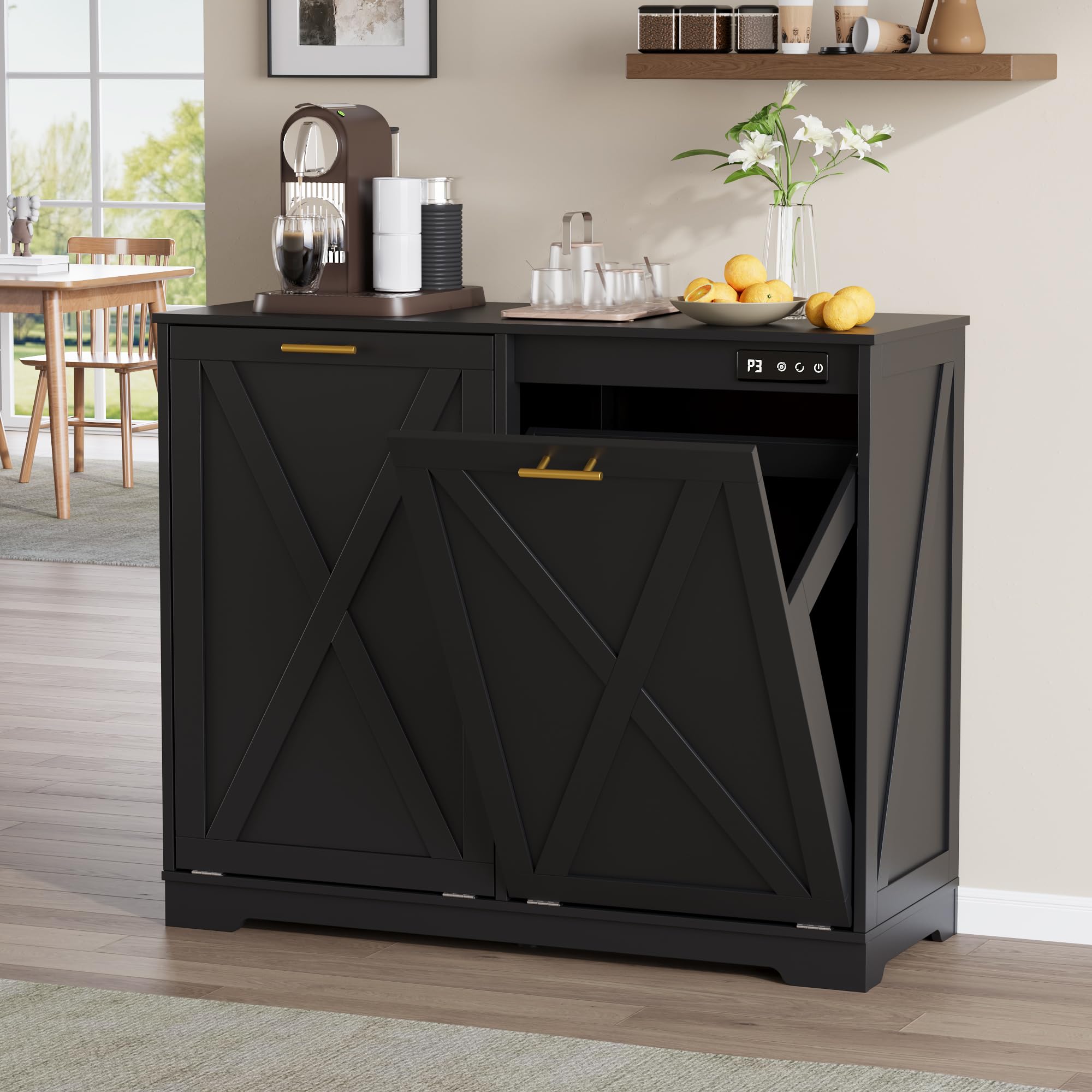 BOXACTION Double Tilt Out Trash Can Cabinet, Wooden Farmhouse Kitchen Garbage Bin Enclosure with Negative Ion Odor Control, Hidden Dog Proof Trash or Laundry Basket Storage for Laundry Room, Black
