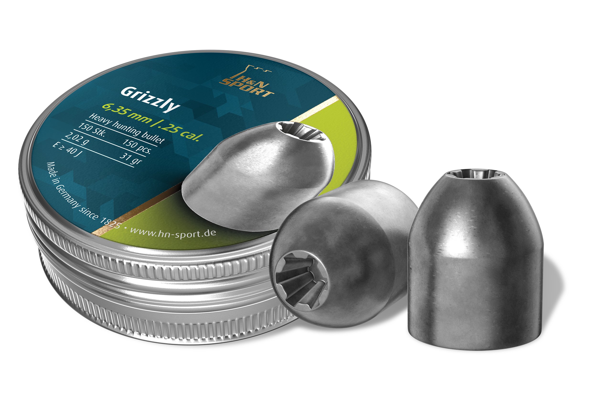 H&N Sport H&N Grizzly Hollowpoint Airgun Pellets, Ultra-Accurate & Heavy-Hitting for Long-Range Hunting, .25 Caliber, 31 Grains (150 Count), Model: PY-P-1225