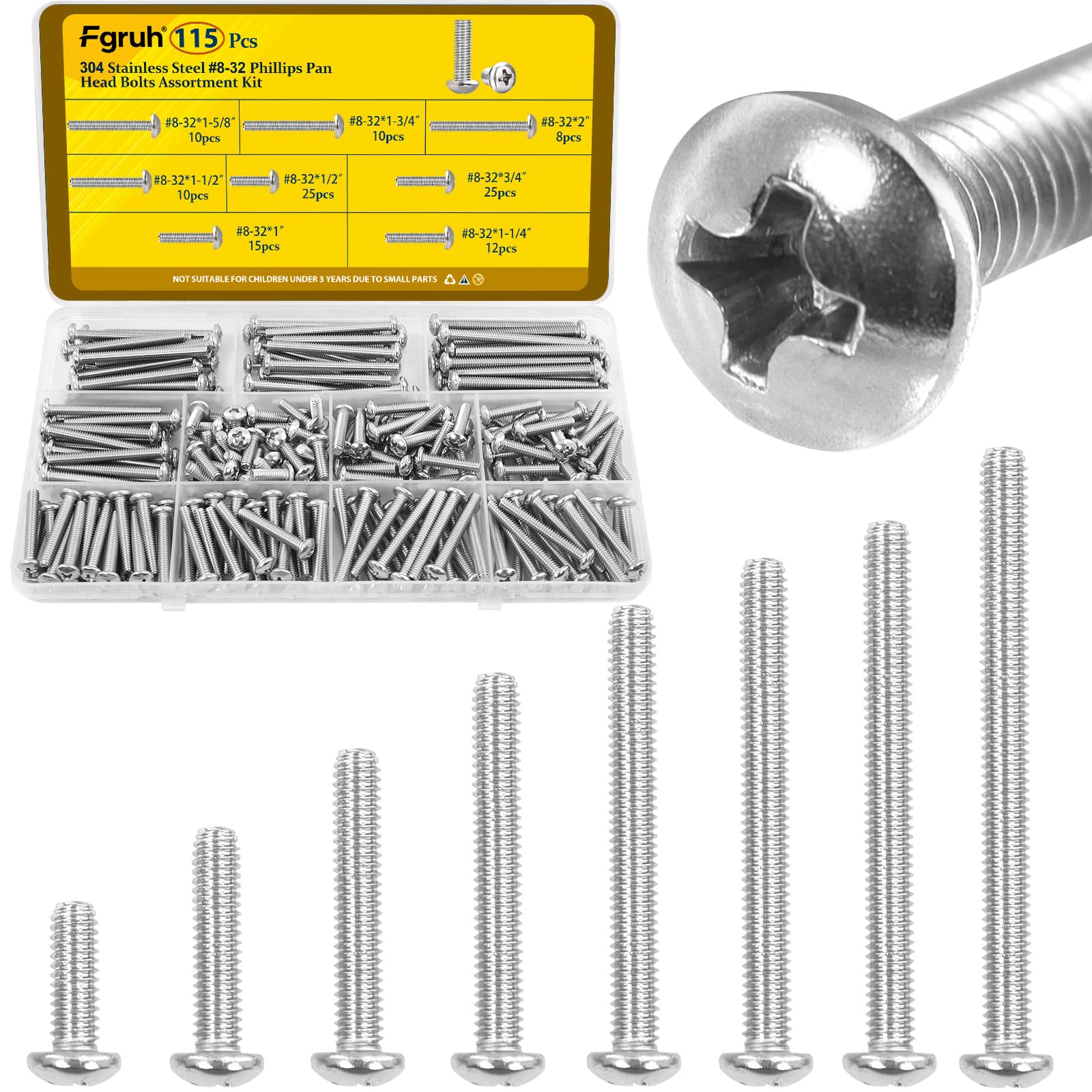 Fgruh 115PCS #8-32 Machine Screws, #8-32 x 1/2", 3/4", 1",1-1/4", 1-1/2", 1-5/8", 1-3/4", 2" Phillips Pan Head Screws Bolts Assortment Kit, 304 Stainless Steel Bolt for Electrical Wall Plate Switch
