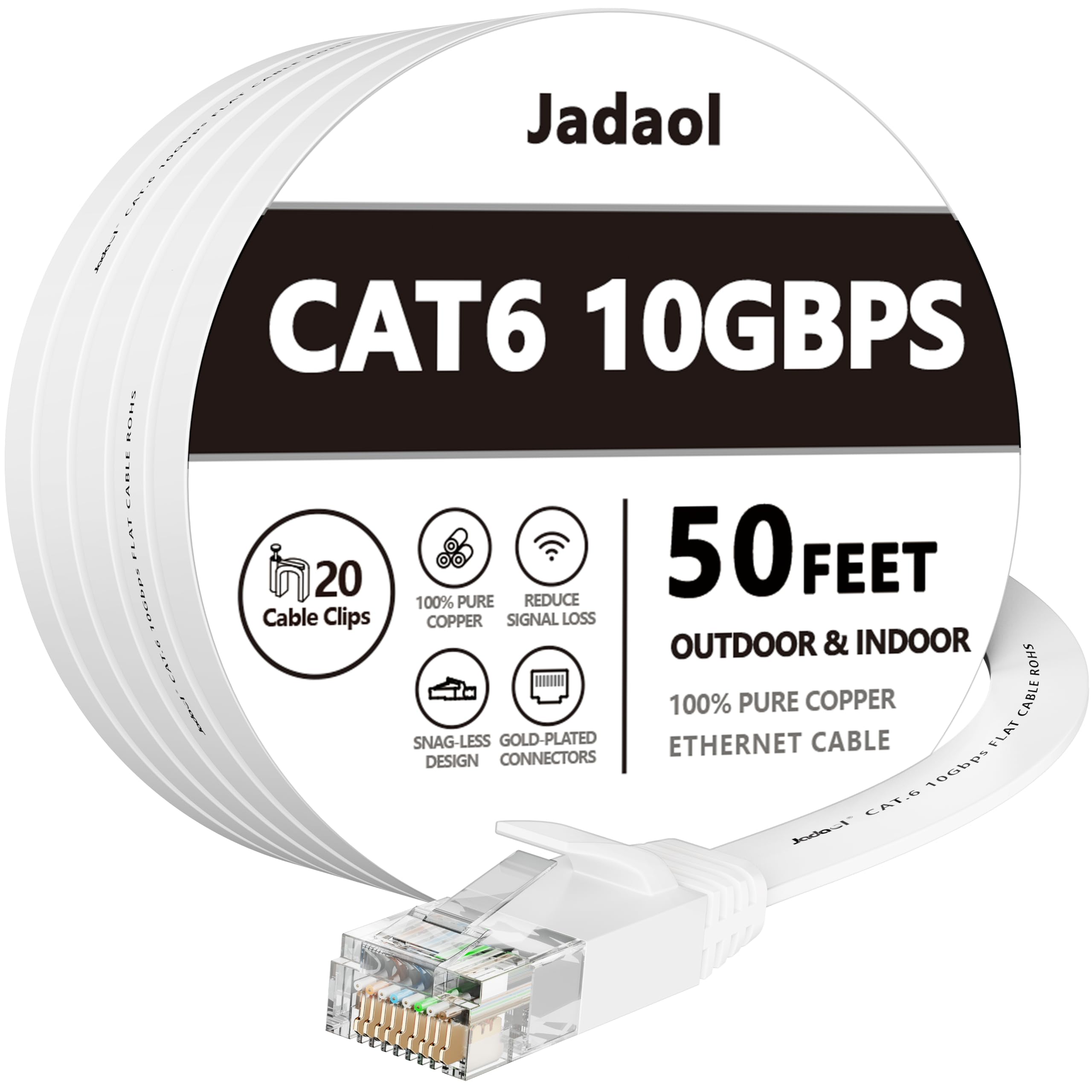 Jadaol Cat 6 Ethernet Cable 50 ft with Cable Clips, 10Gbps Support Cat8 Cat7 Network, Flat RJ45 LAN Patch Cable, High-Speed Wired Internet Cable for Router, Modem, Switch, Gaming Consoles, PC, White
