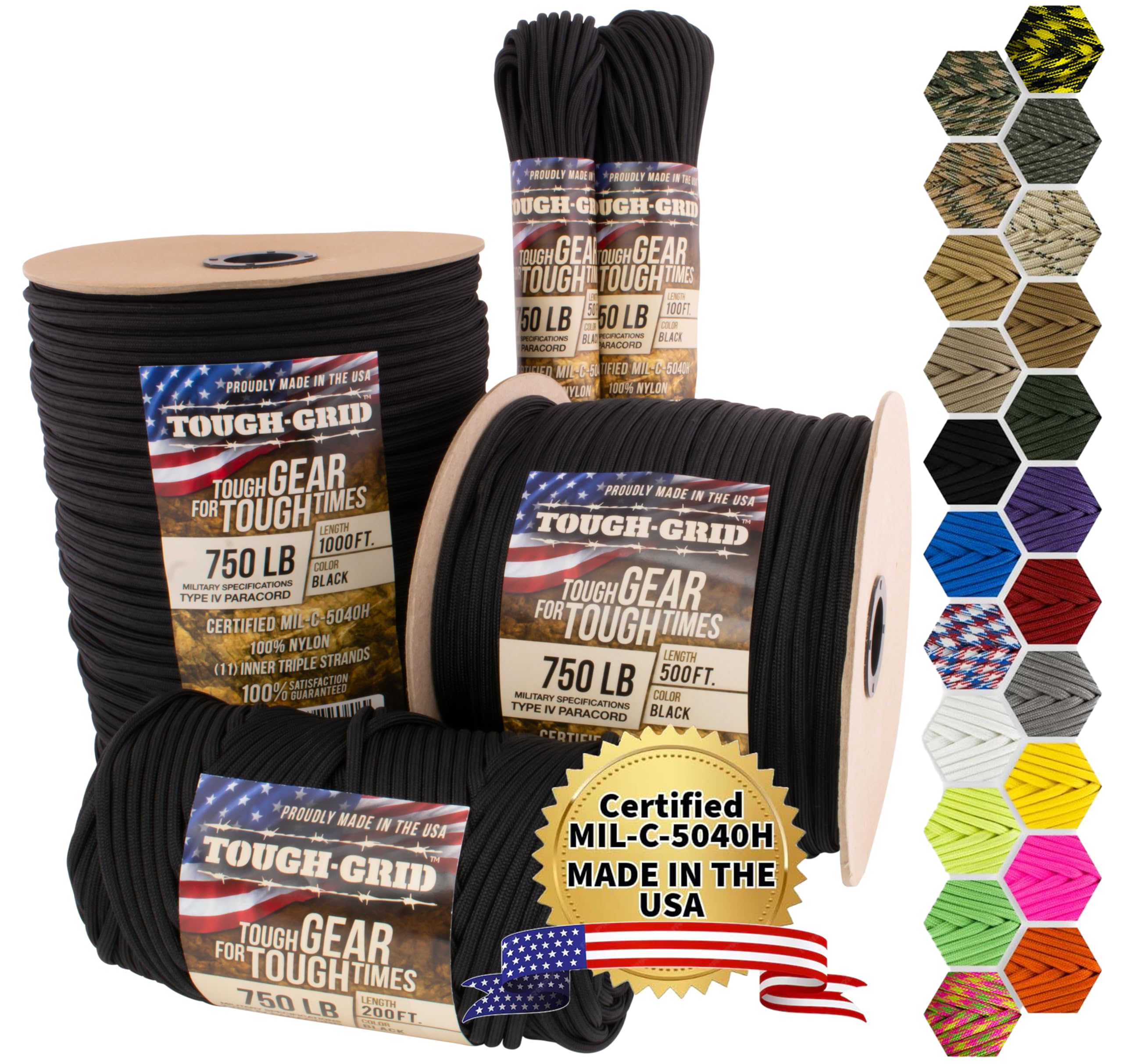 TOUGH-GRID 750 Paracord Rope Nylon Parachute Cord, Made in USA Survival Kit, Outdoor Adventures, Camping, Tactical Gear & Emergency Supplies, Military Type IV Mil-Spec