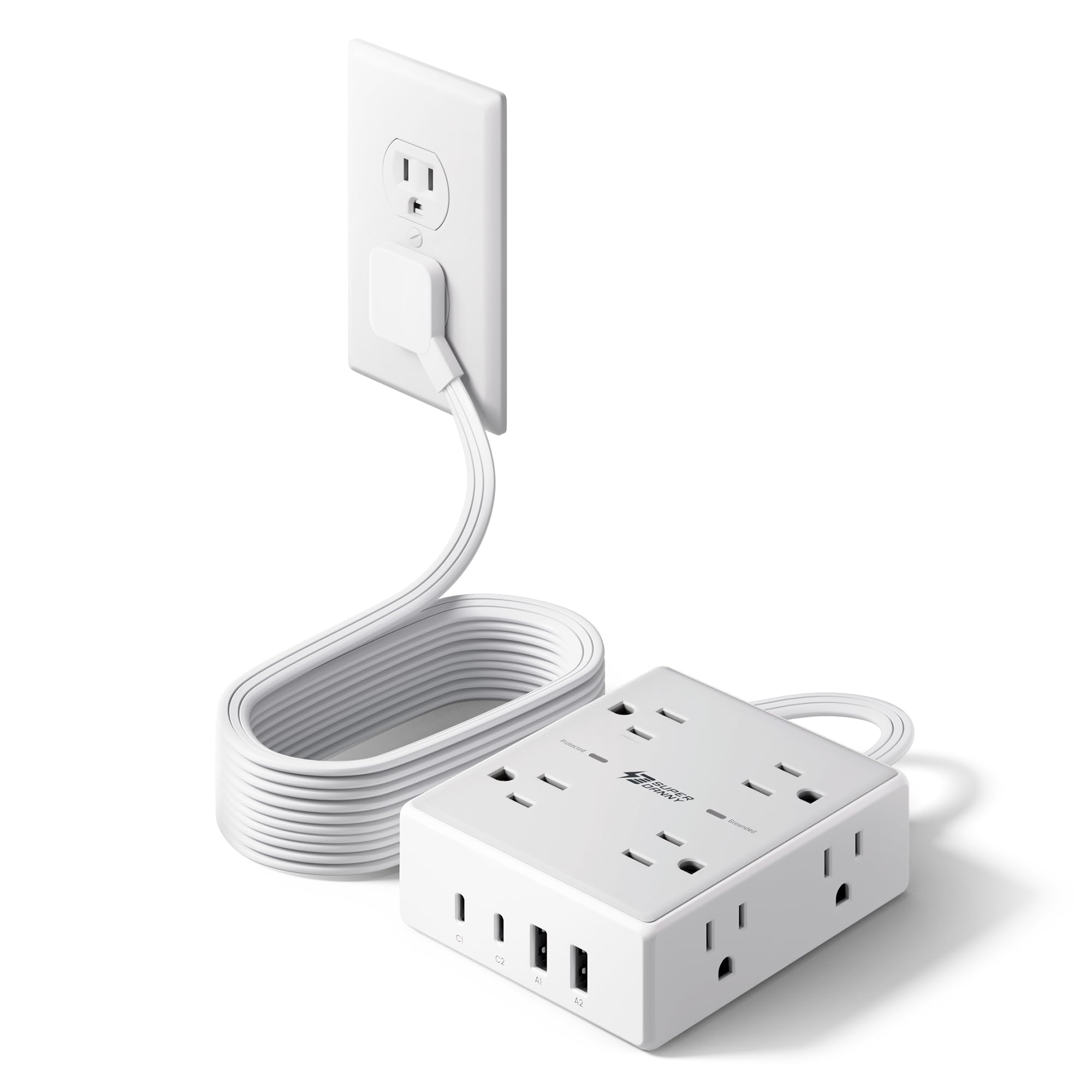 SUPERDANNY Extension Cord,Flat Plug Surge Protector Power Strip,10Ft