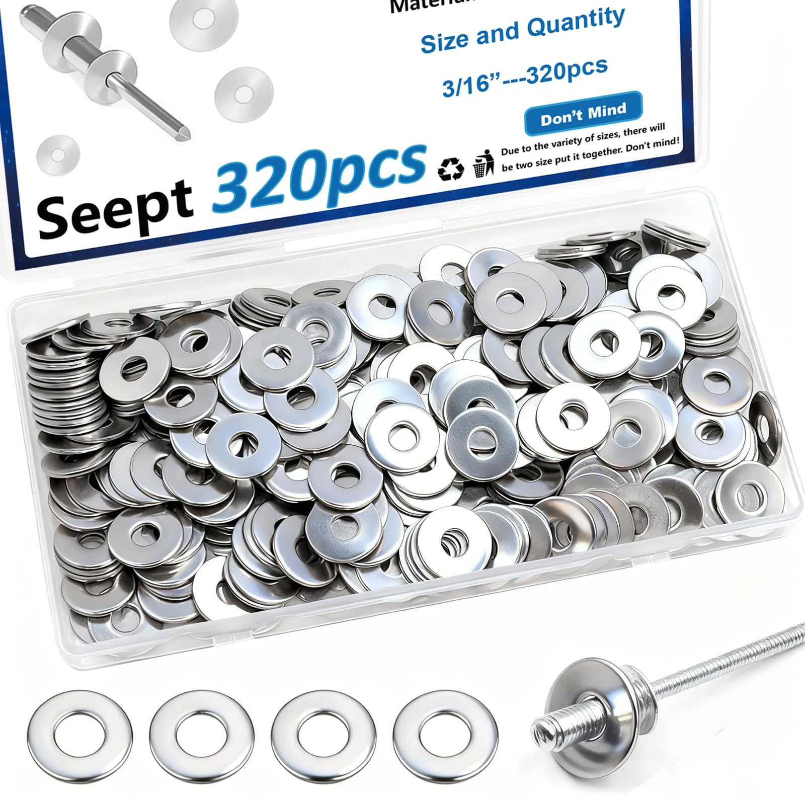 Seept 320PCS 3/16 Inch Silver Pop Rivet washers for Pop Rivets Diameter 3/16" 304 Stainless Steel pop Rivet Washer Aluminum pop Rivet washers Blind Rivet Washer