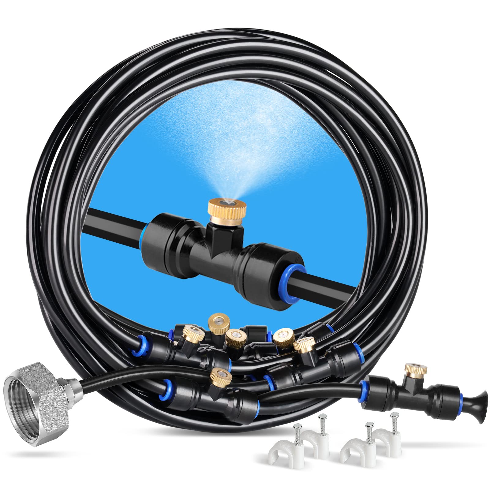 HOMENOTE Misting Cooling System, 26FT (8M) Misting Line + 7 Brass Mist Nozzles + Brass Adapter(3/4") Outdoor Mister for Patio Backyard Garden Greenhouse