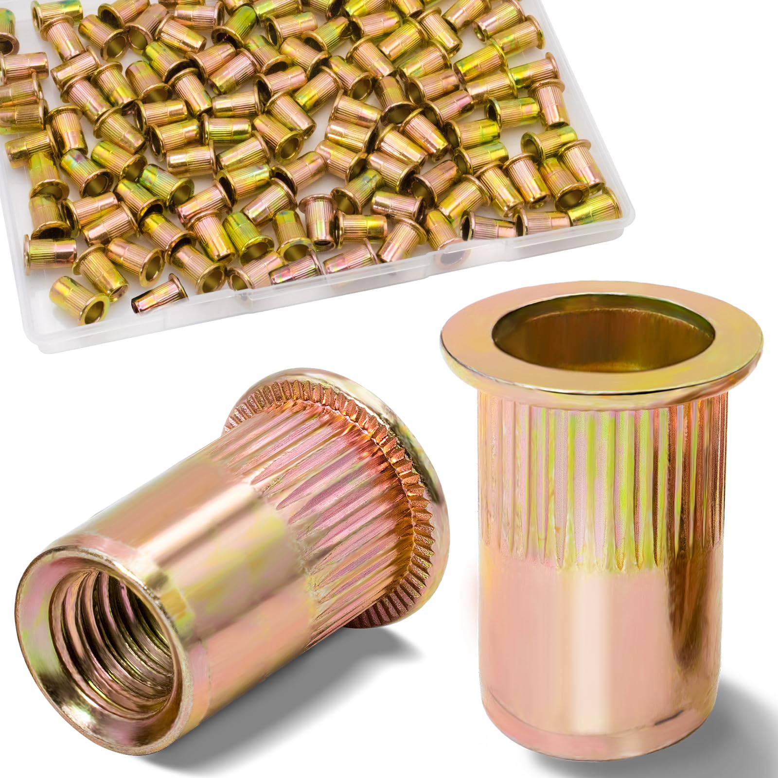 Vifmy 1/4 Rivet Nut, 115Pcs Carbon Steel Zinc Rivet Nuts 1/4-20, 1 4 20 Threaded Insert Rivnut, Flat Head 1 4 x 20 UNC Rivets Nutsert, 1 4 RIV Nuts