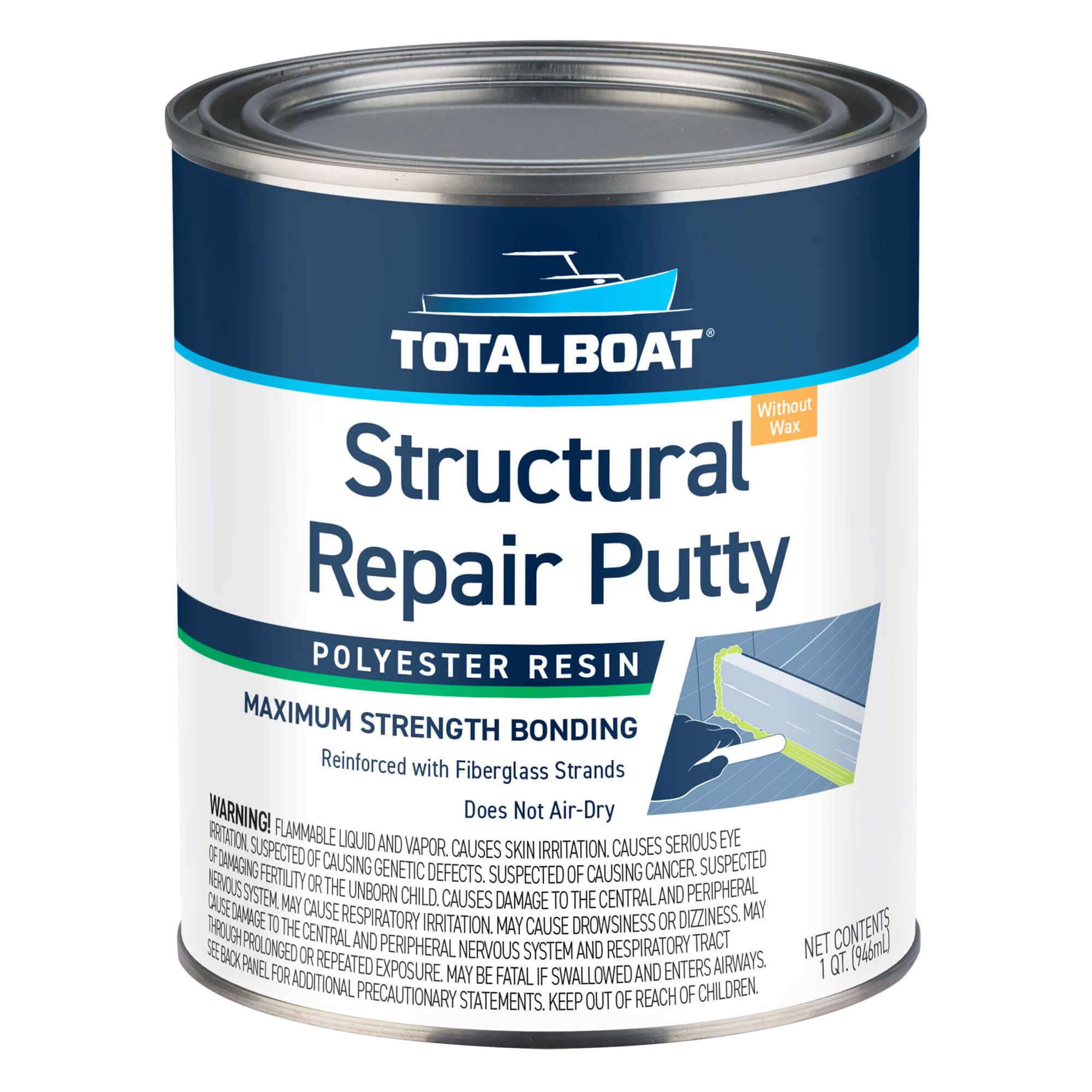 TotalBoat Polyester Structural Repair Putty - Marine Grade Long Strand Fiber Fiberglass Reinforced Filler for Boat and Automotive Repair (Quart Kit)