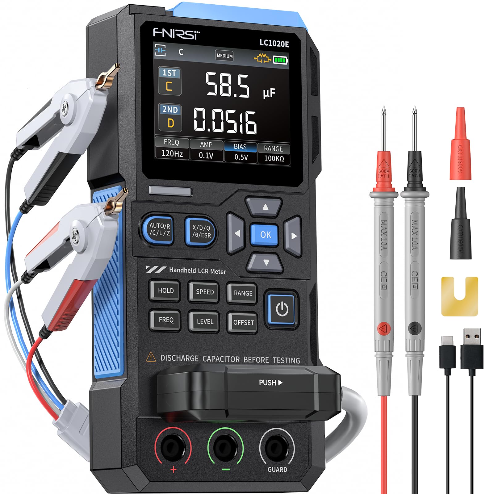 FNIRSI LC1020E 100kHz LCR Meter, 19,999 Counts Resistor Inductor Capacitor Tester, Auto Component Detect, Measures ESR/Q/D/θ/X, 2.8” Color TFT, Dual Parameter Display, Sorting & Open/Short Calibration