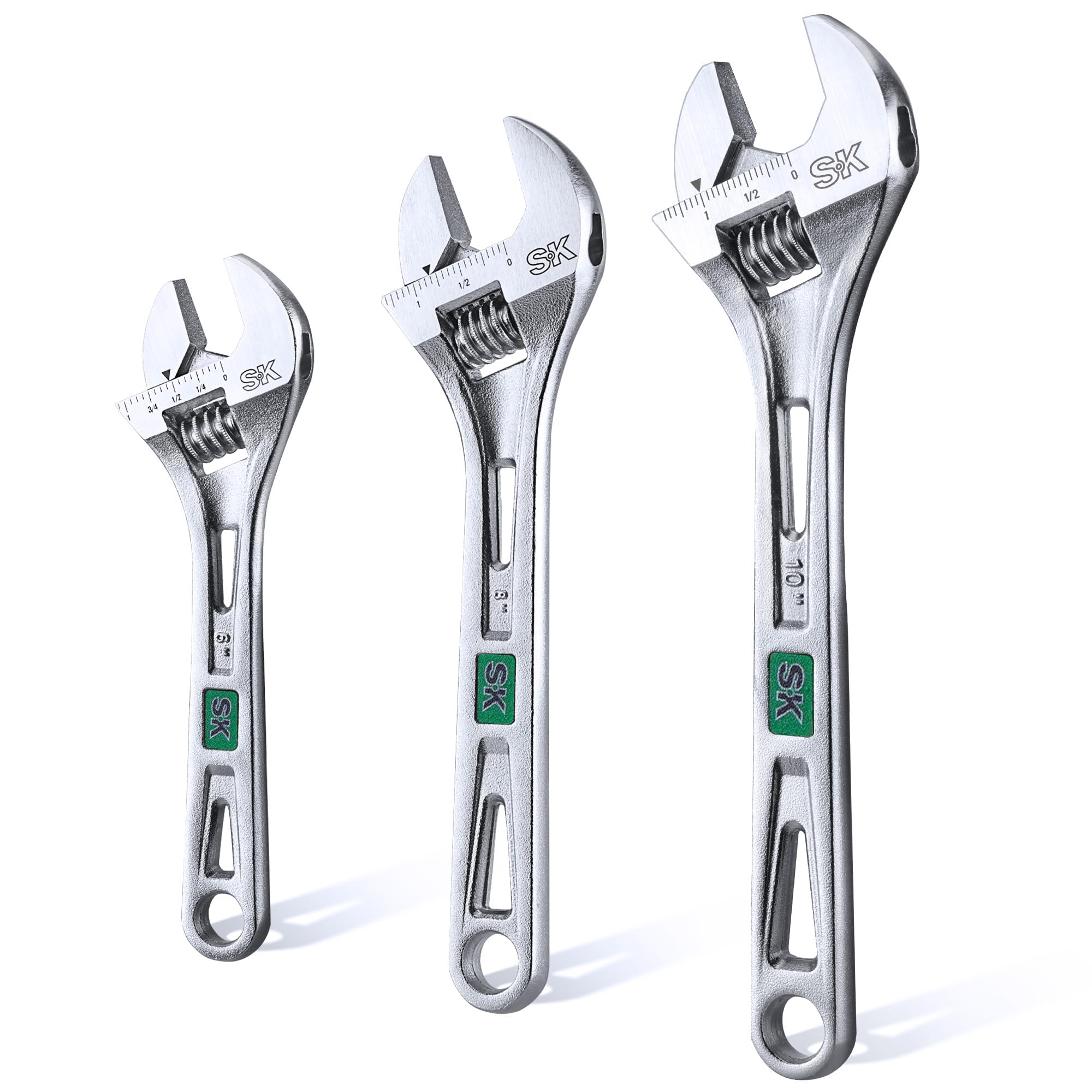 SK 3-Piece Adjustable Wrench Set, 6-Inch, 8-Inch, 10-Inch, Cr-V Steel, SAE & Metric Scales