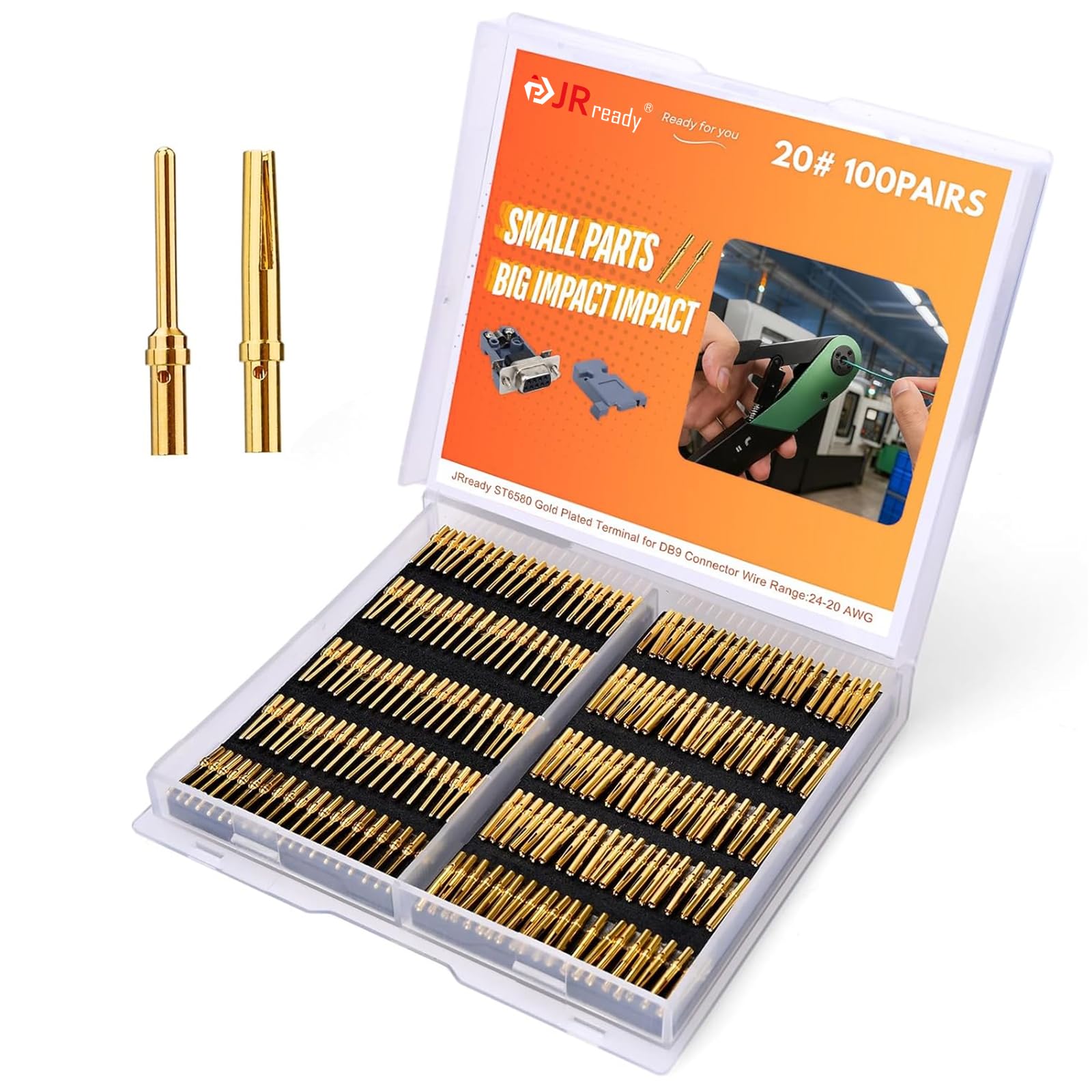 JRready ST6580 100Pairs DB9 Crimp Terminals Gold Plated 20-24AWG Turned Crimp Contacts Male Female Standard 205089-1 and 205090-1 Contact for DB9 Connector