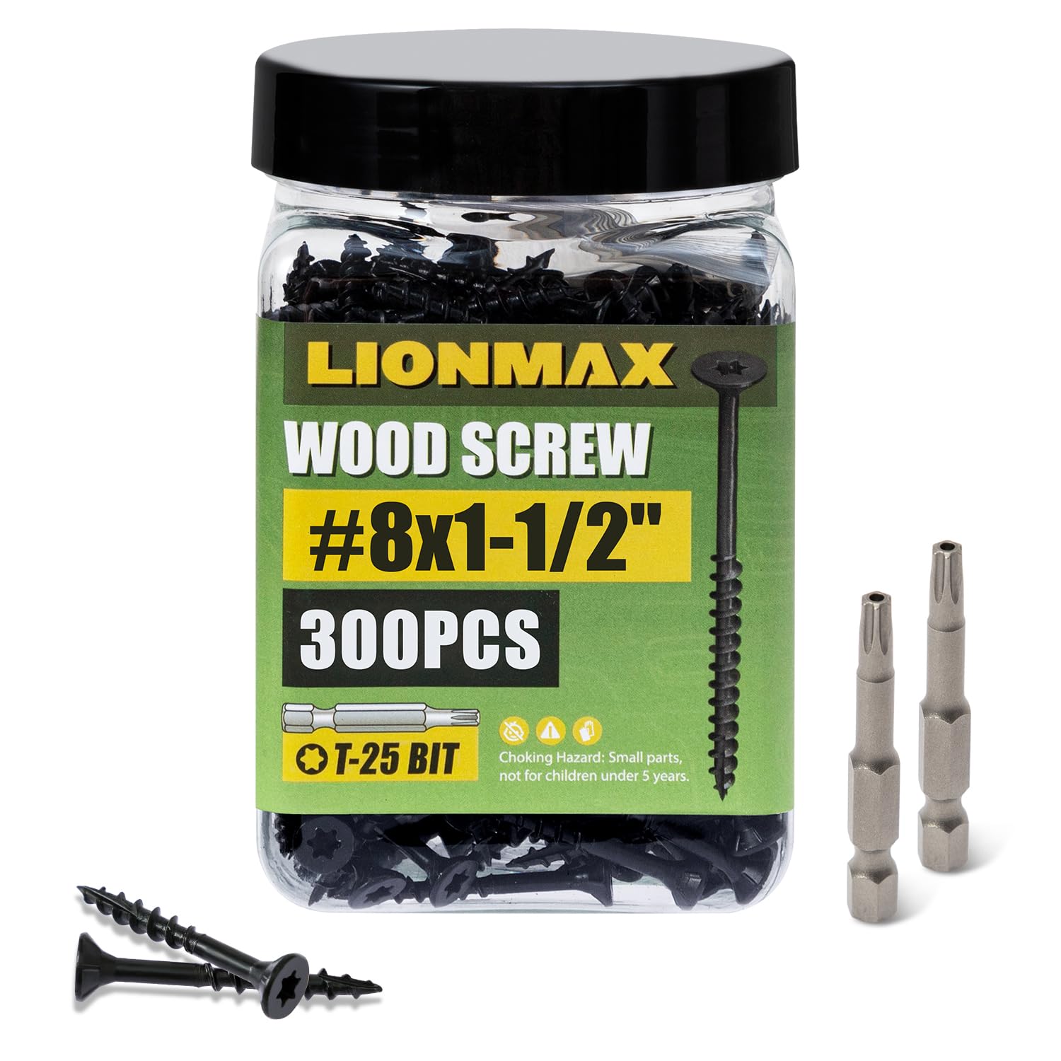 LIONMAX Wood Screws 1-1/2 Inch, Deck Screws #8 x 1-1/2", 300 PCS, Black