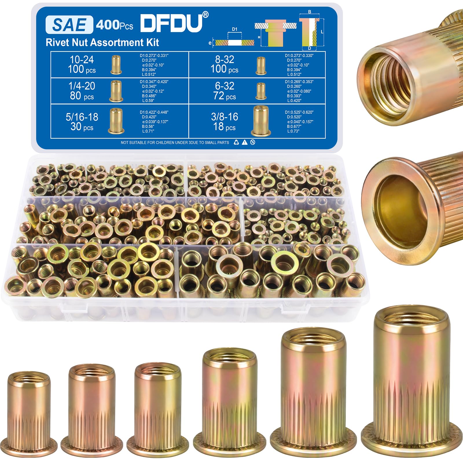 DFDU 400Pcs SAE Rivet Nut Kit, UNC Threaded Insert Nutsert Set, 6-32 8-32 10-24 1/4"-20 5/16"-18 3/8"-16 Flat Head Carbon Steel Zinc Plated Rivnuts for Metal Sheet Fasteners