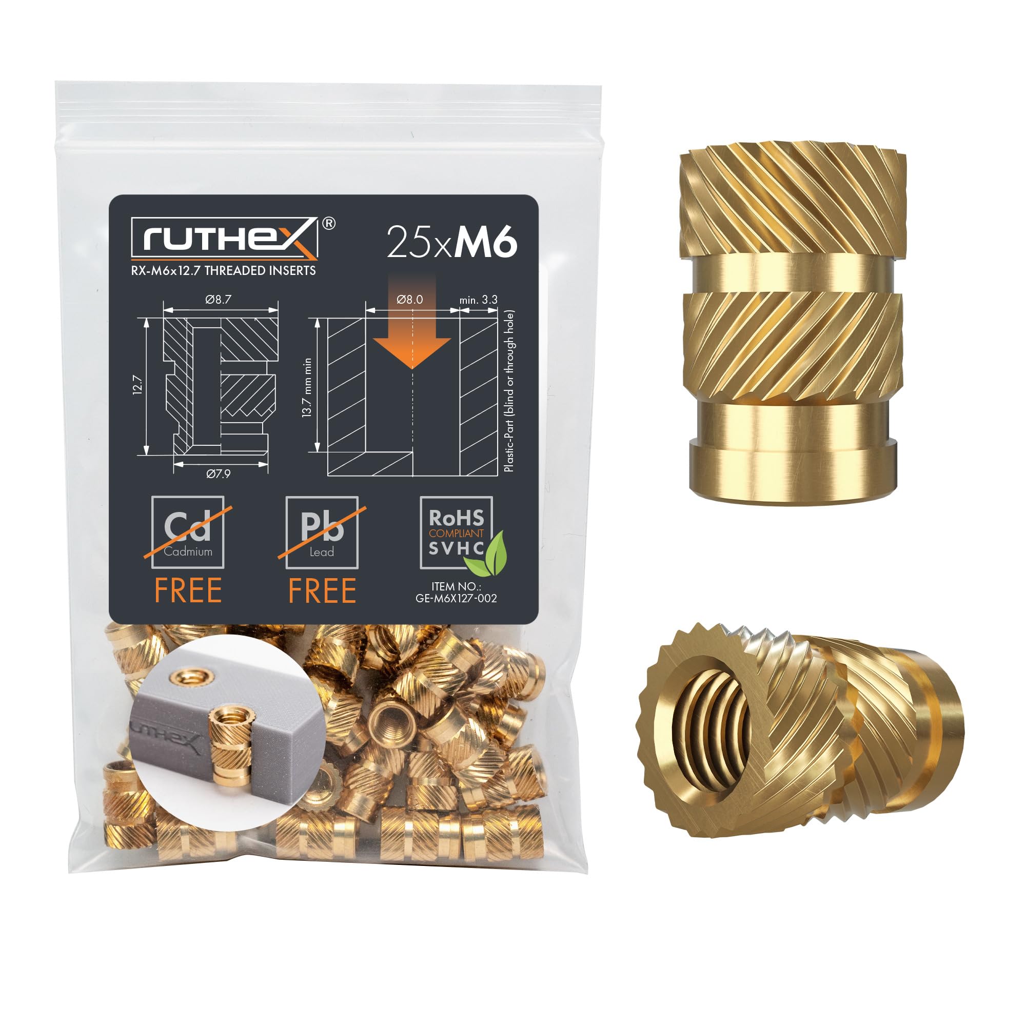 ruthex M6 Threaded Inserts - 25 Pieces RX-M6x12.7 Brass Heat Set Insert for Plastic Parts - Metric knurled Nuts - Insert by Heat into 3D Printing Components