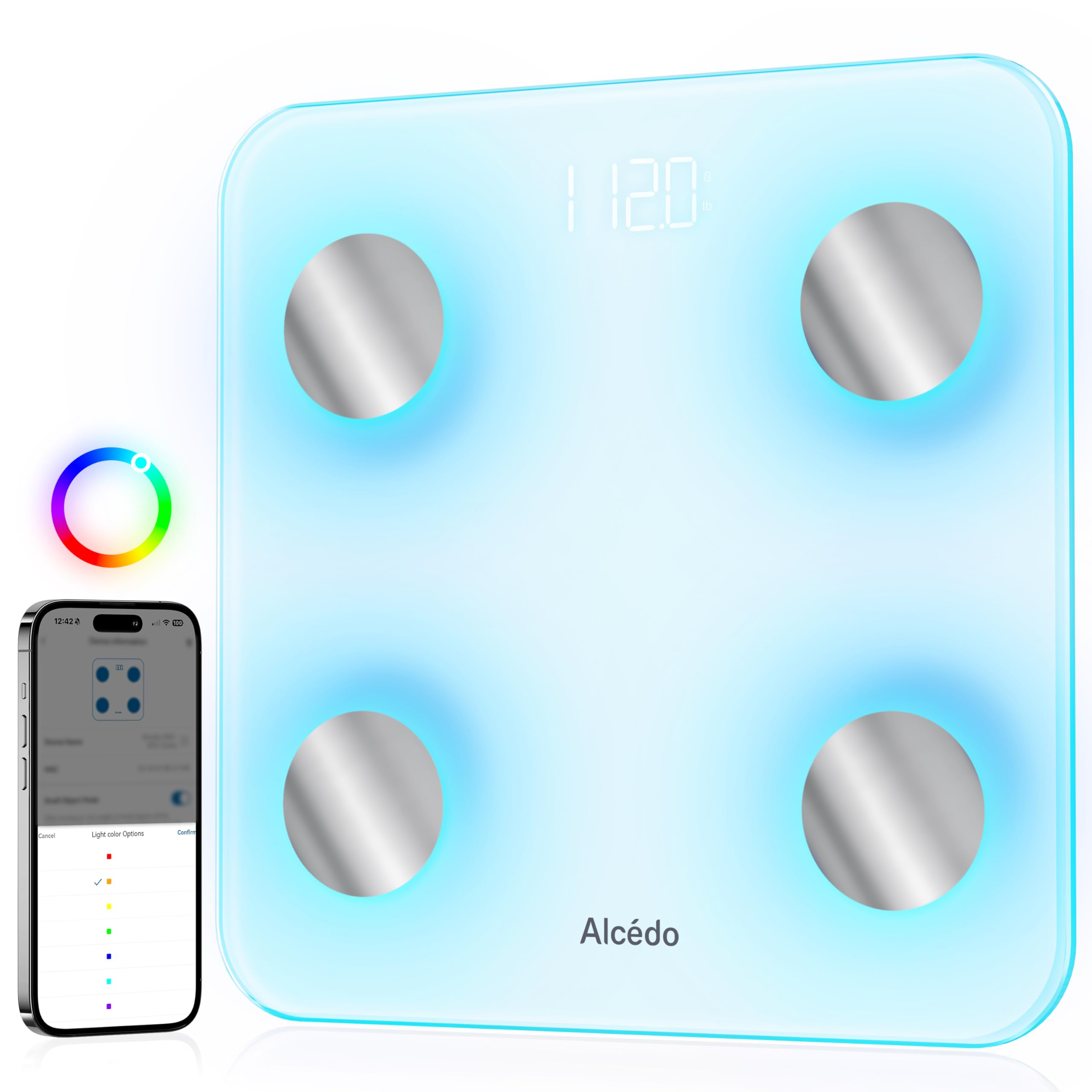 Alcedo Smart Body Fat Scale, Color-Changing Scale, Bluetooth, White