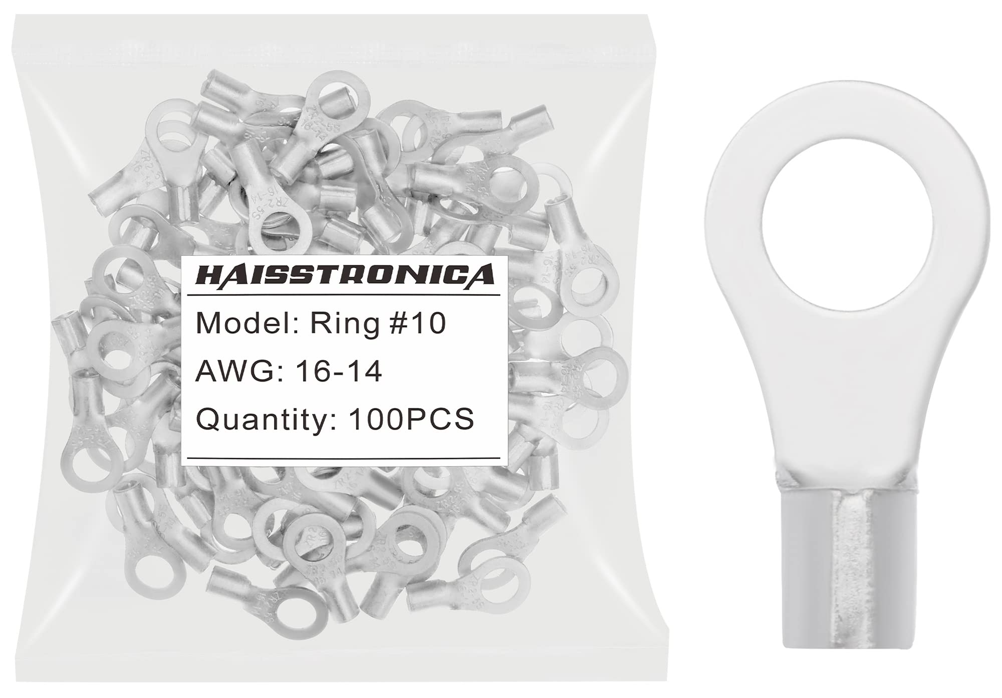 haisstronica 100PCS Ring Terminals #10 AWG 16-14 Non-Insulated Bare Copper