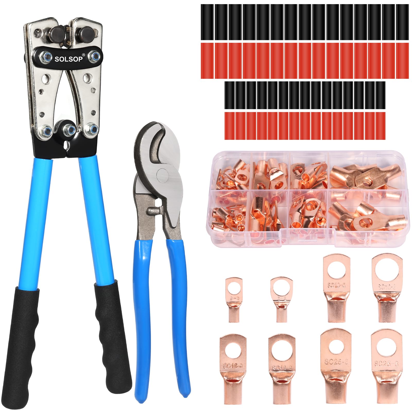 Solsop Battery Cable Crimper Tool for AWG 10, 8, 6, 4, 2, 1/0 Gauge Electrical Lug, Battery Lug Crimping Tool with 62PCS Copper Wire Lugs and Heat Shrink Tubing, Cable Cutter