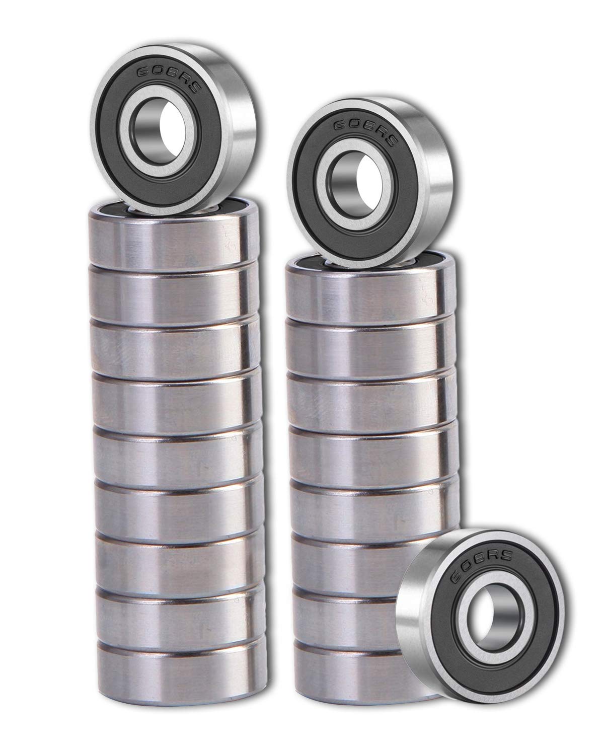 SHKI 20 Pcs 608 2RS Ball Bearings – Bearing Steel and Double Rubber Sealed Miniature Deep Groove Ball Bearings (8mm x 22mm x 7mm) (608 2RS)