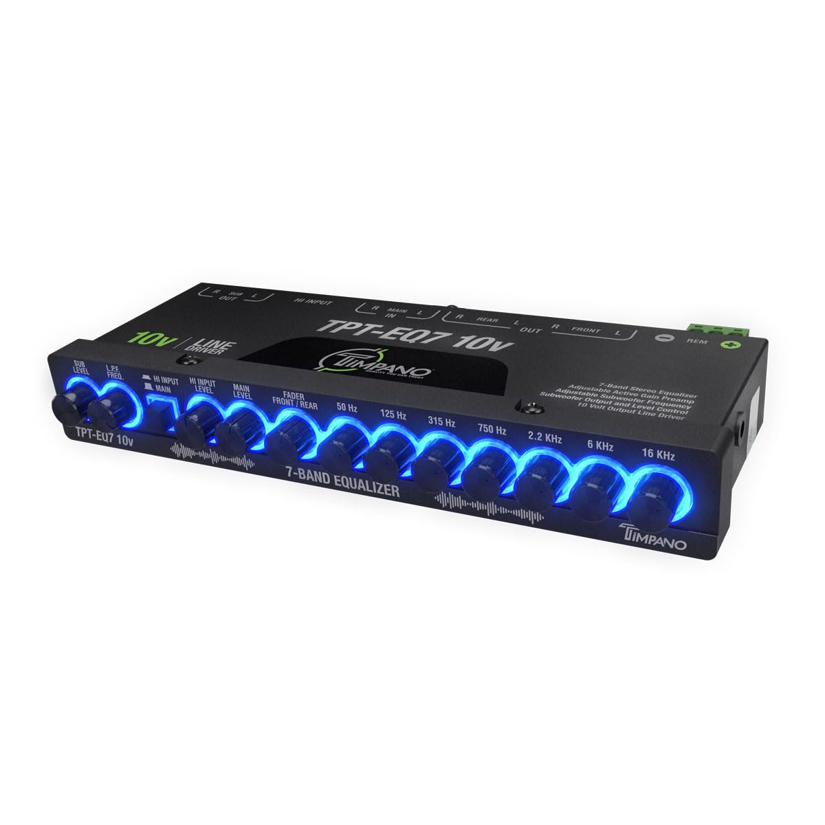 Timpano 7 band equalizer TPT-EQ7 10V High Voltage Line Driver 6 Channel RCA Output and Subwoofer Control and Crossover 1/2 Din Graphic Car Audio Eq with High Level Input