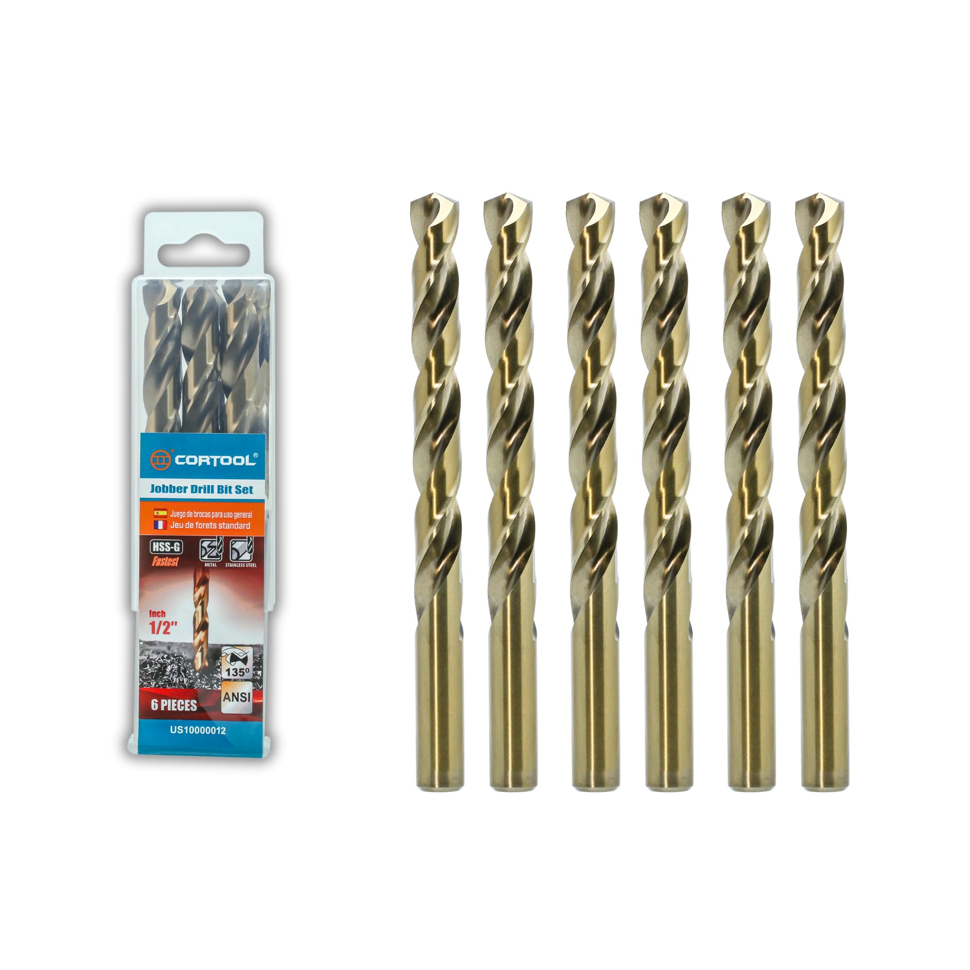 CORTOOL 1/2 inch Cobalt Drill Bits (6Pcs), M35 HSS Metal Jobber Length Twist Drill Bit Set for Hard Metal, Stainless Steel, Iron, Copper, Aluminium, Brass, Plastic & Wood