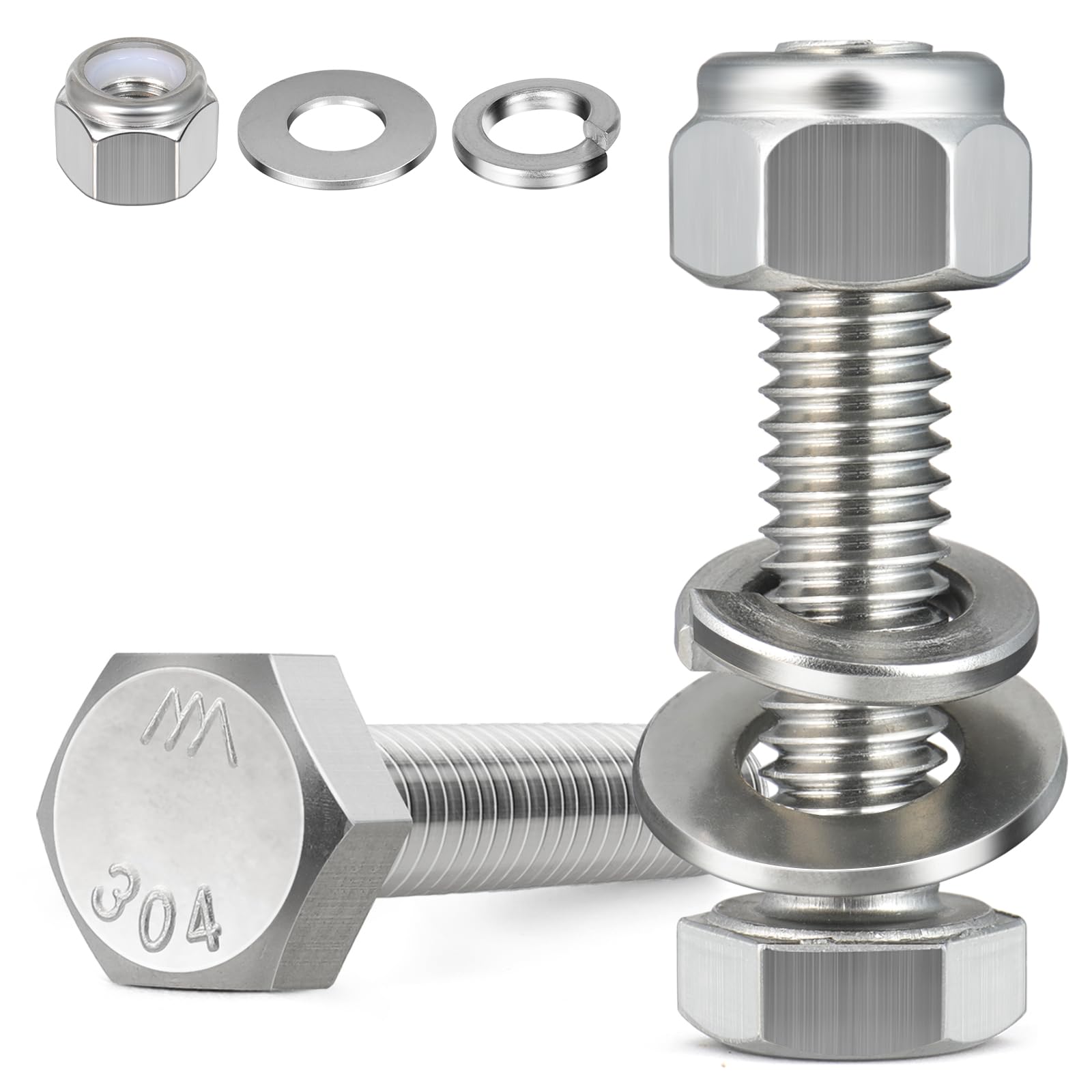BNUOK (18 Sets) 1/4-20 x 1-1/2" Hex Head Screw Bolt,Lock Nuts,Flat & Lock Washers Kits,304 Stainless Steel 18-8,Fully Threaded