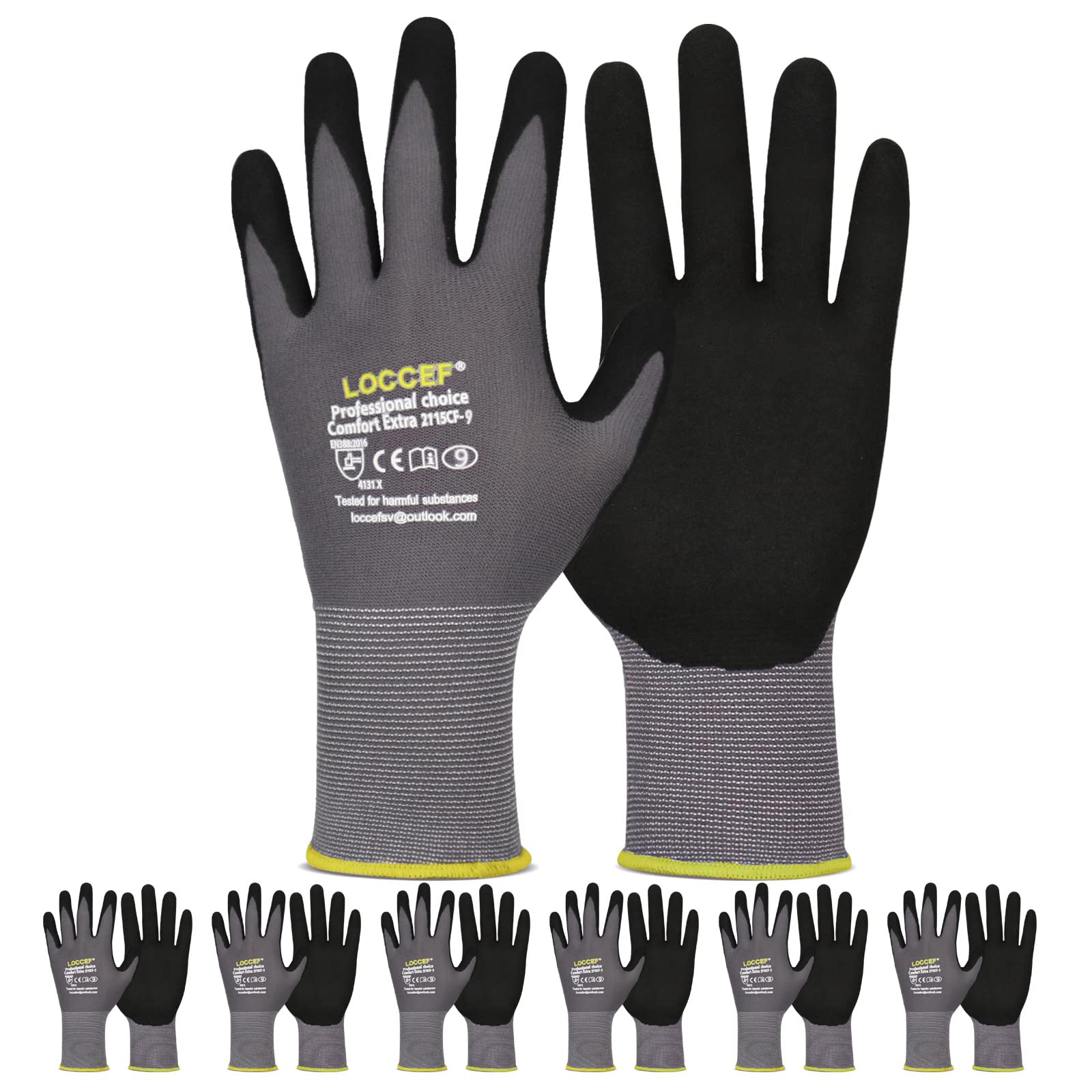 LOCCEF MicroFoam Nitrile Coated Safety Work Gloves (6 Pairs, 9/L)