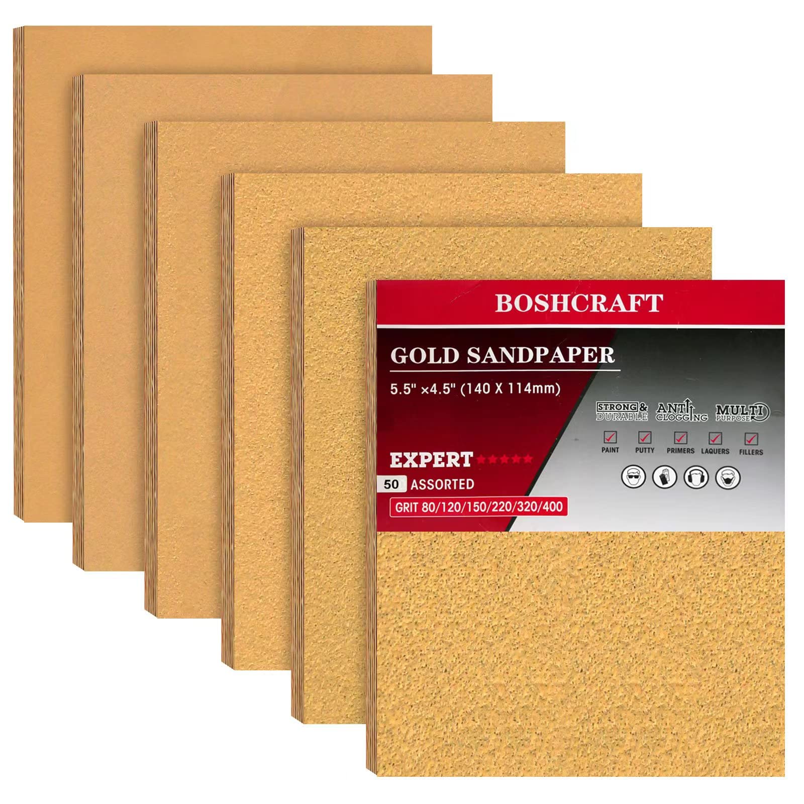 BOSHCRAFT 50 Pcs 1/4 Sheet Sand Paper 5.5" x 4.5" – 80/150/320/400 Grit 8 Sheets Each, 120/220 Grit 9 Sheets Each, Premium Aluminum Oxide Sandpaper Assortment for Wood Metal Automotive Palm Sanders