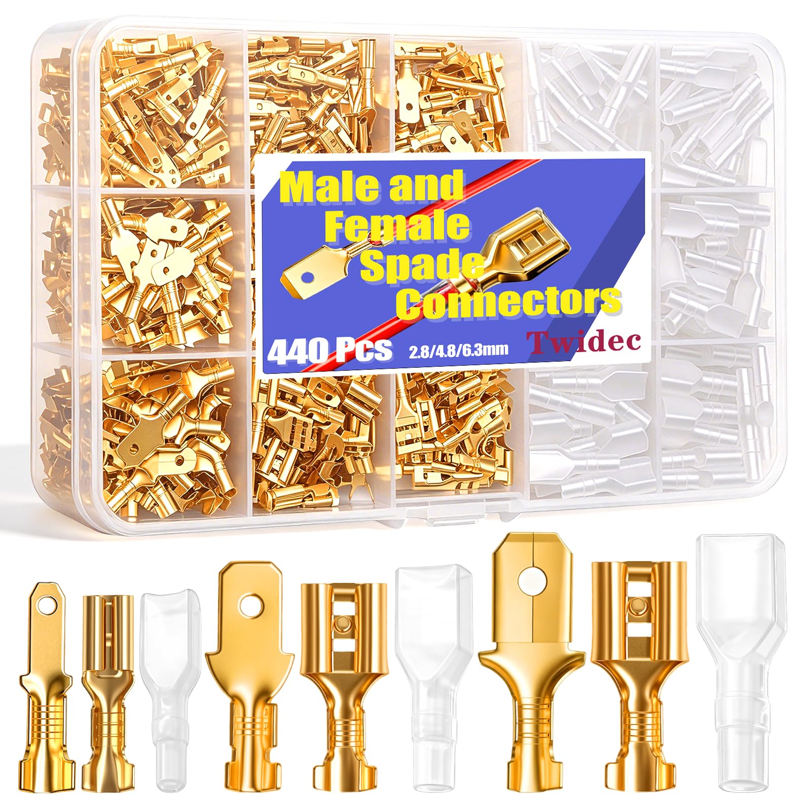 Twidec/440Pcs 2.8/4.8/6.3mm Quick Splice Male and Female Wire Spade Connector Crimp Terminal Block Assortment Kit Golden with Insulating Sleeve for Electrical Wiring Car Audio Speaker N-002