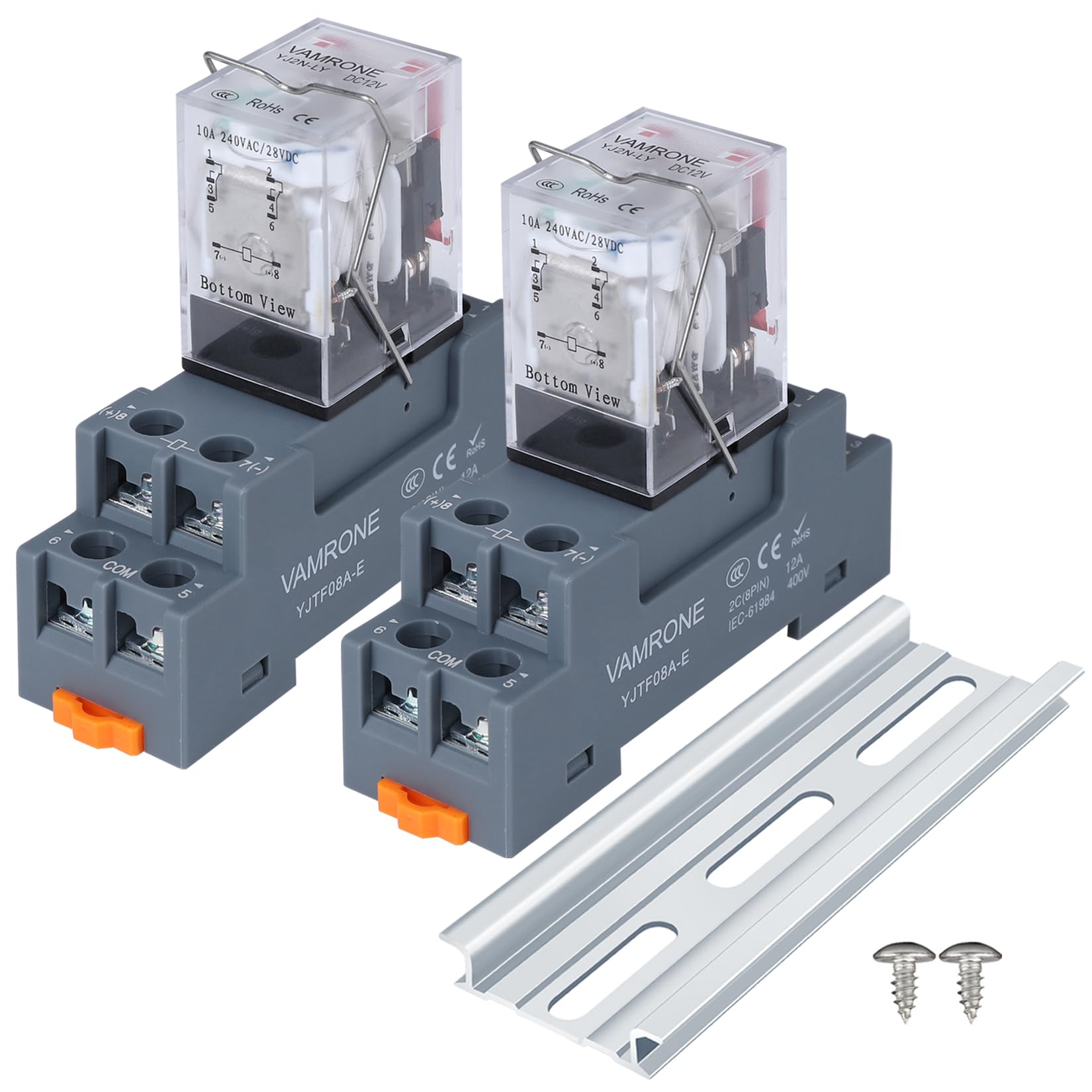 2PCS Electromagnetic Power Relay, 8-Pin 10A 12 DC Relay Coil with Socket Base, LED Indicator, DPDT 2NO 2NC - MY2NJ 2PCS [Applicable for DIN Rail System]