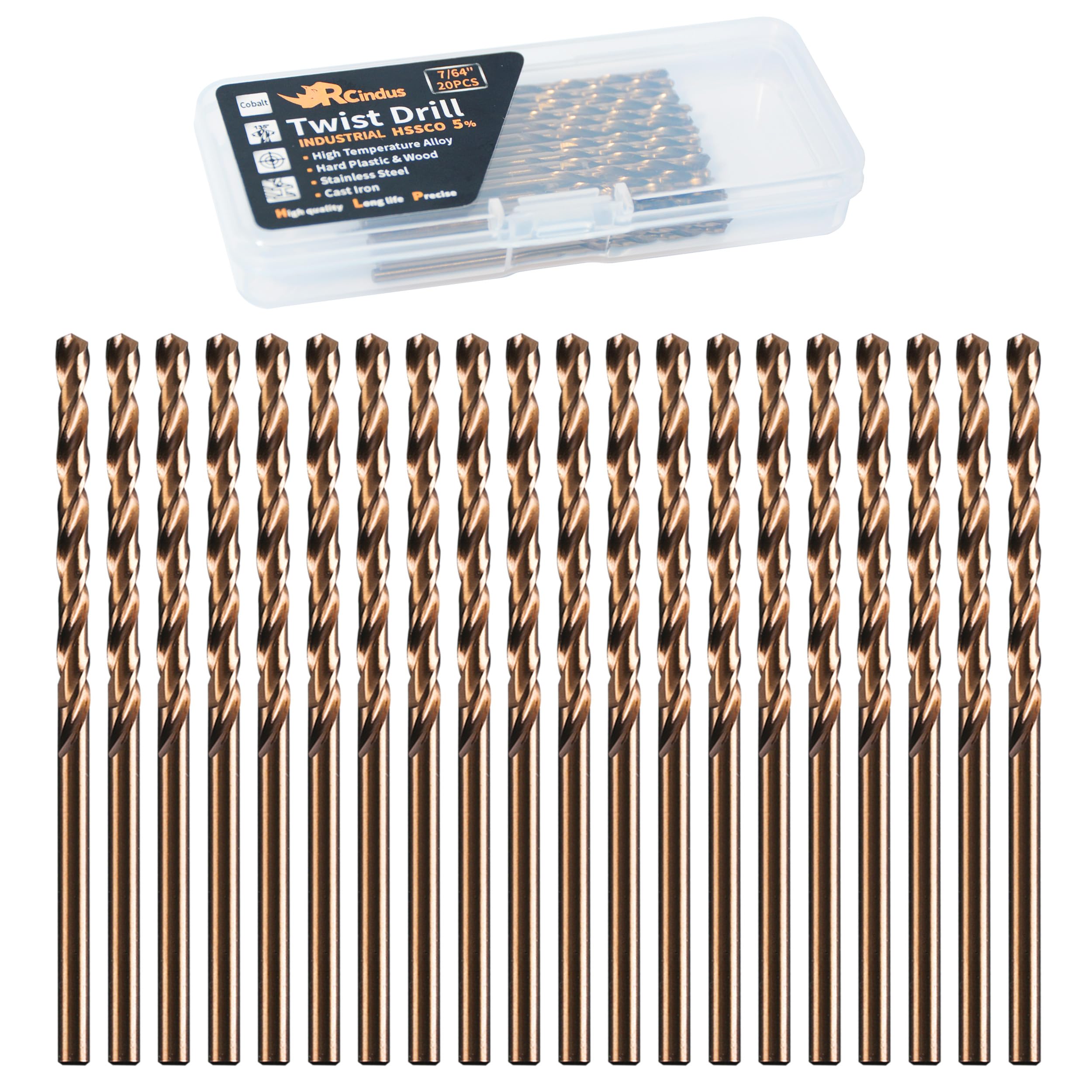 RCINDUS (20PCS) 7/64" Cobalt Drill Bit, HSS M35 Metal Drill Bits for Steel, Stainless Steel, Cast Iron, Hard Plastic and Wood