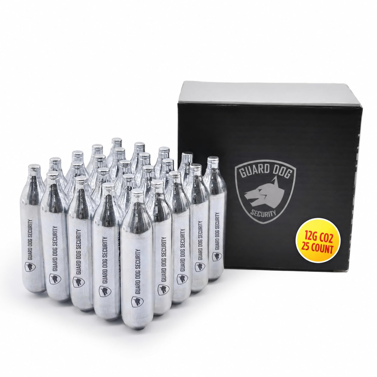 Guard Dog Security 12 Gram Co2 Cartridges, Non-Threaded, CO2 cartridges BB Gun, CO2 BB Pistol, CO2 Airsoft Pistol, and CO2 Paintball Markers, Snug fit, Solid Seal (Pack of 25)