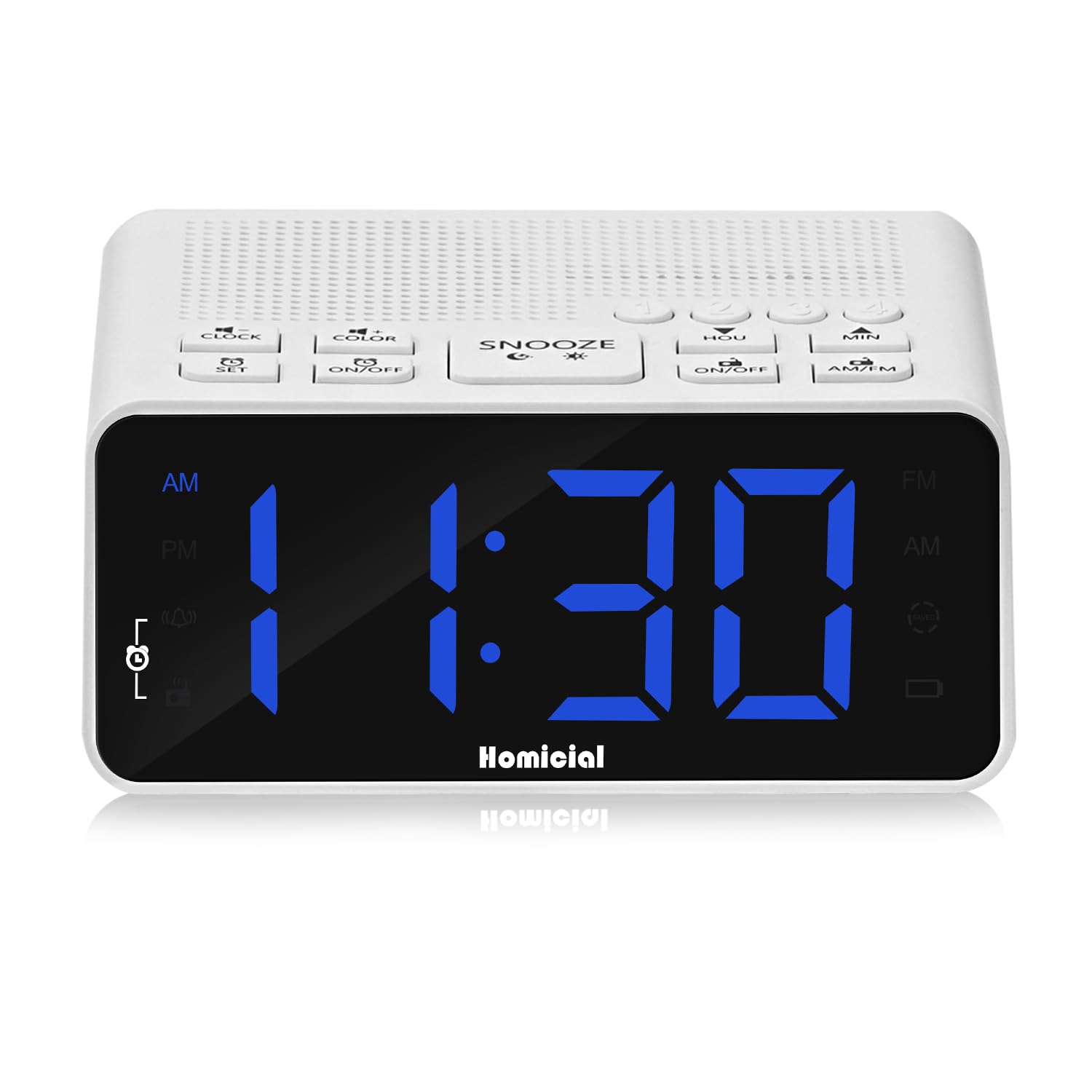 Homicial Digital Alarm Clock Radio with AM/FM Radio, Multi-Colors 1.4” LED Digits, Preset, Sleep Timer and Clear Display with Dimmer for Bedroom Bedside, Outlet Powered with Battery Backup (White)