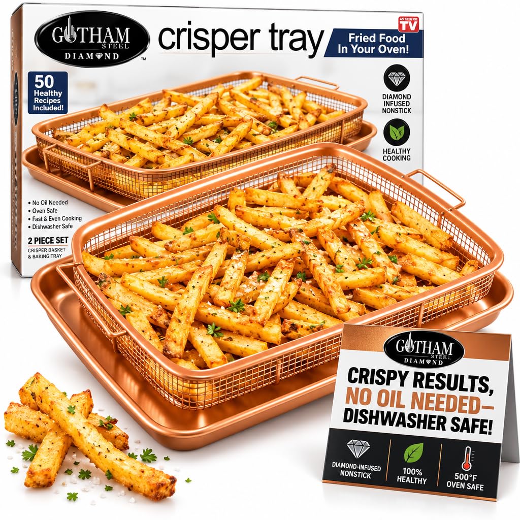 Air Fryer Basket For Oven, Gotham Steel Air Fryer Tray, 2 Piece Nonstick Copper Crisper Tray, Air Fry For Convection Oven, Also Great For Baking & Crispy Foods, Dishwasher Safe –X-Large, 16.5" x 12.5"