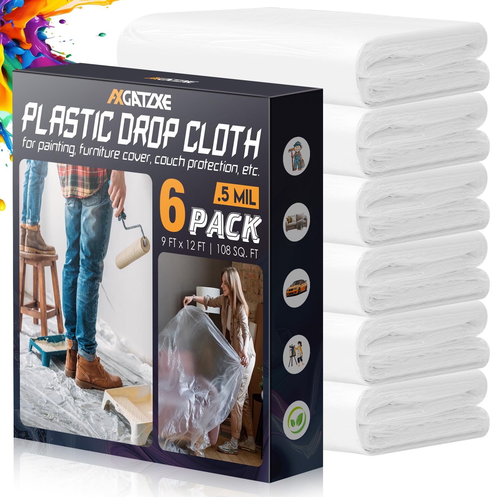 12 x 9 Ft Plastic Drop Cloths for Painting (6-Pack)