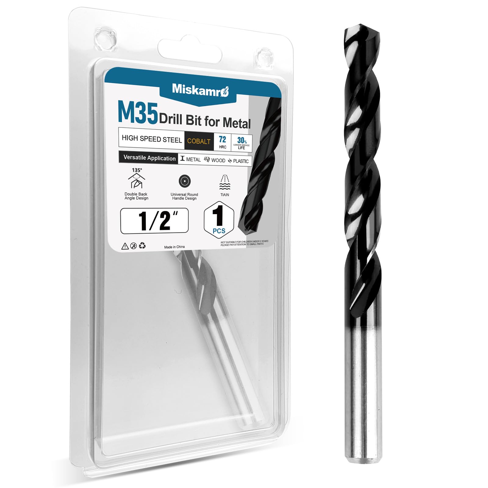 1/2 Inch Cobalt Drill Bit, HSS M35, Industrial Grade, TiAlN Coated