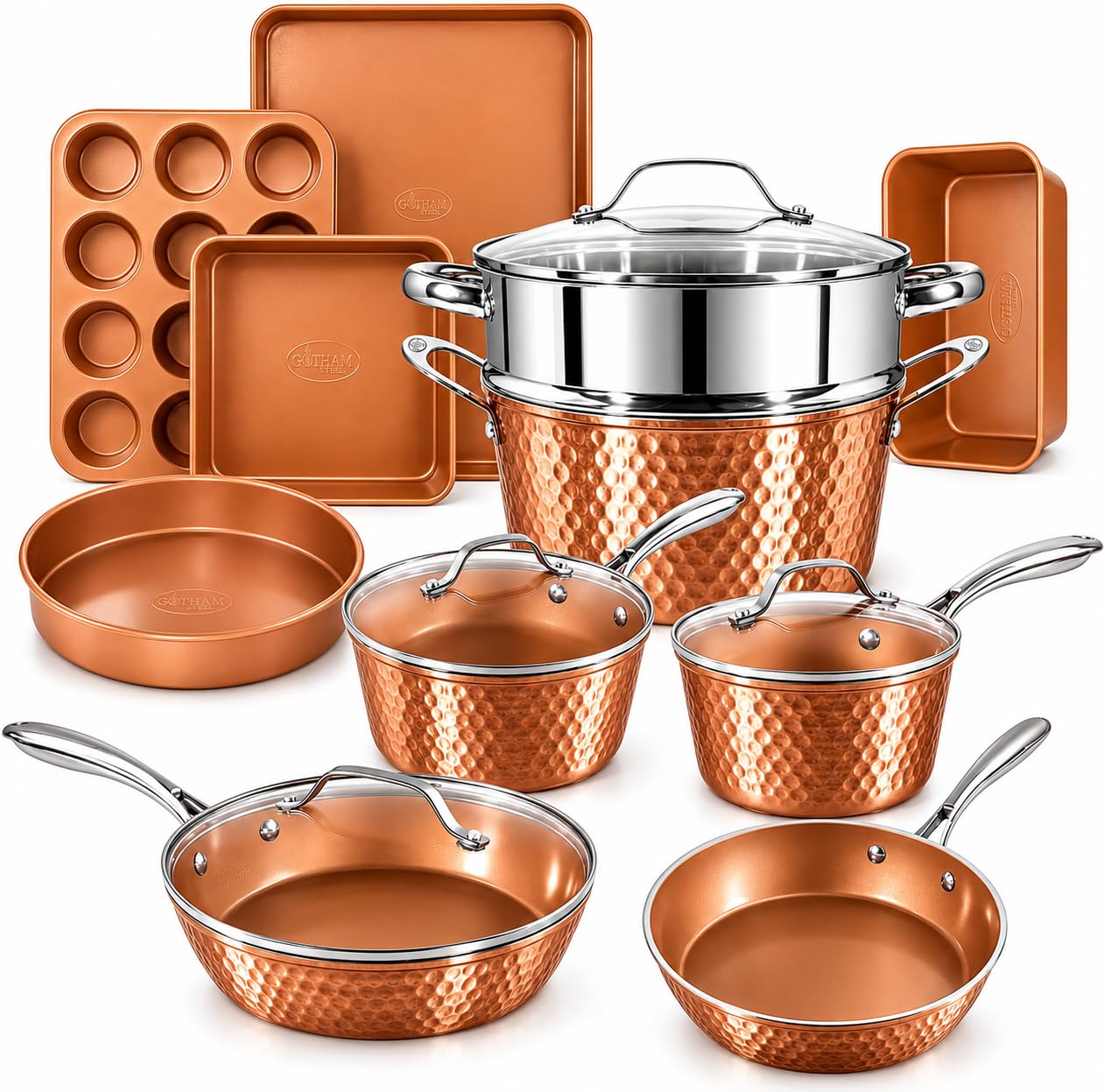 GOTHAM STEEL HAMMERED 15 Pc Titanium Ceramic Cookware Set, Copper