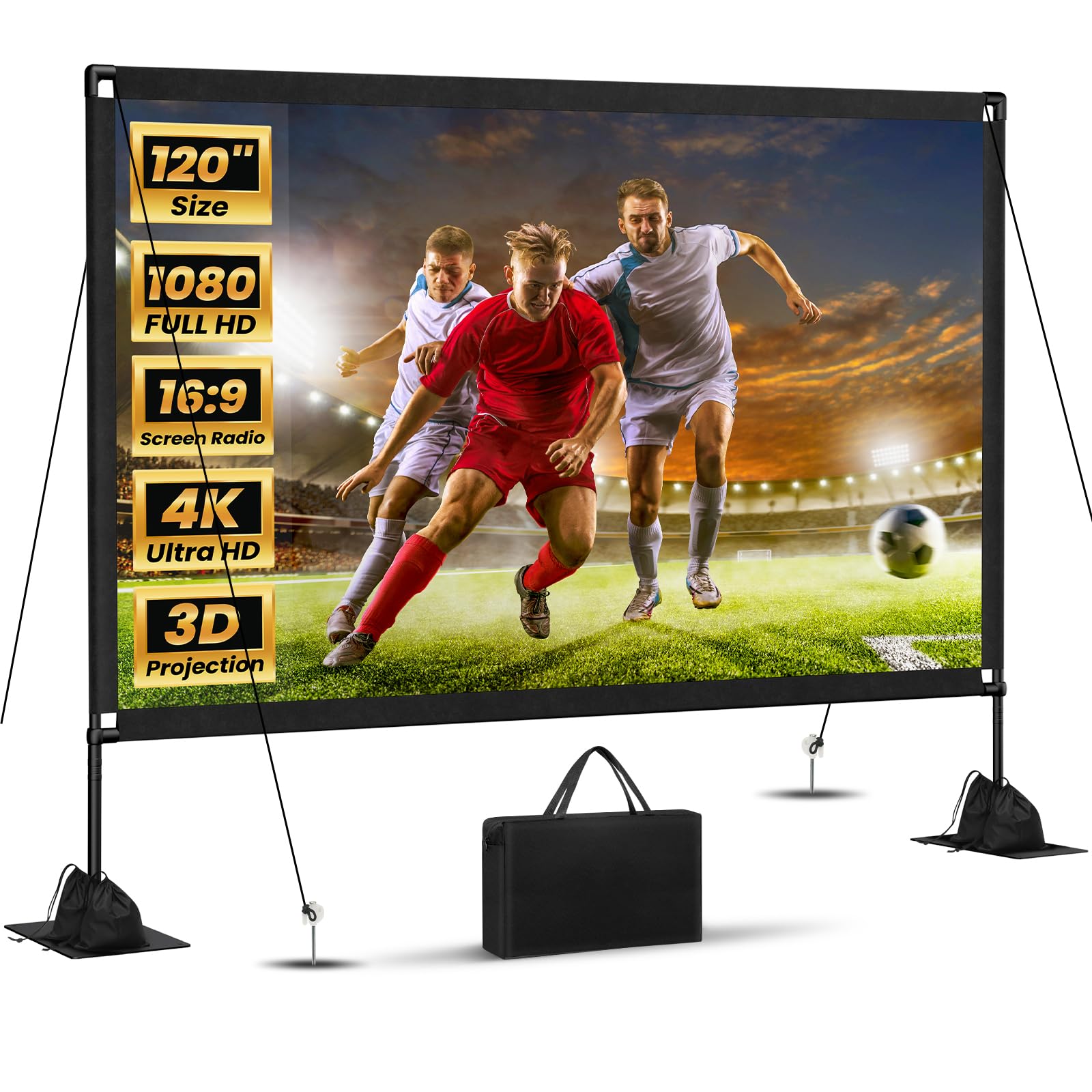 120inch Projector Screen with Stand: Portable Projector Screen Outdoor Indoor Front/Rear16:9 4K HD with Carry Bag Sandbag- Movie Screen for Backyard Moive Night, Camping, Theater