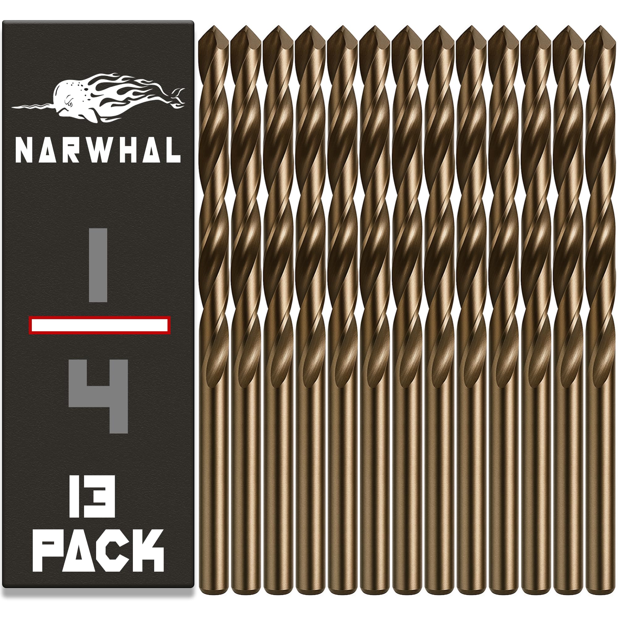 Narwhal 1/4" Drill Bits (M35 Cobalt - 13 Pack) 4 Inch Length for Drilling Into Metal, Hardened & Stainless Steel