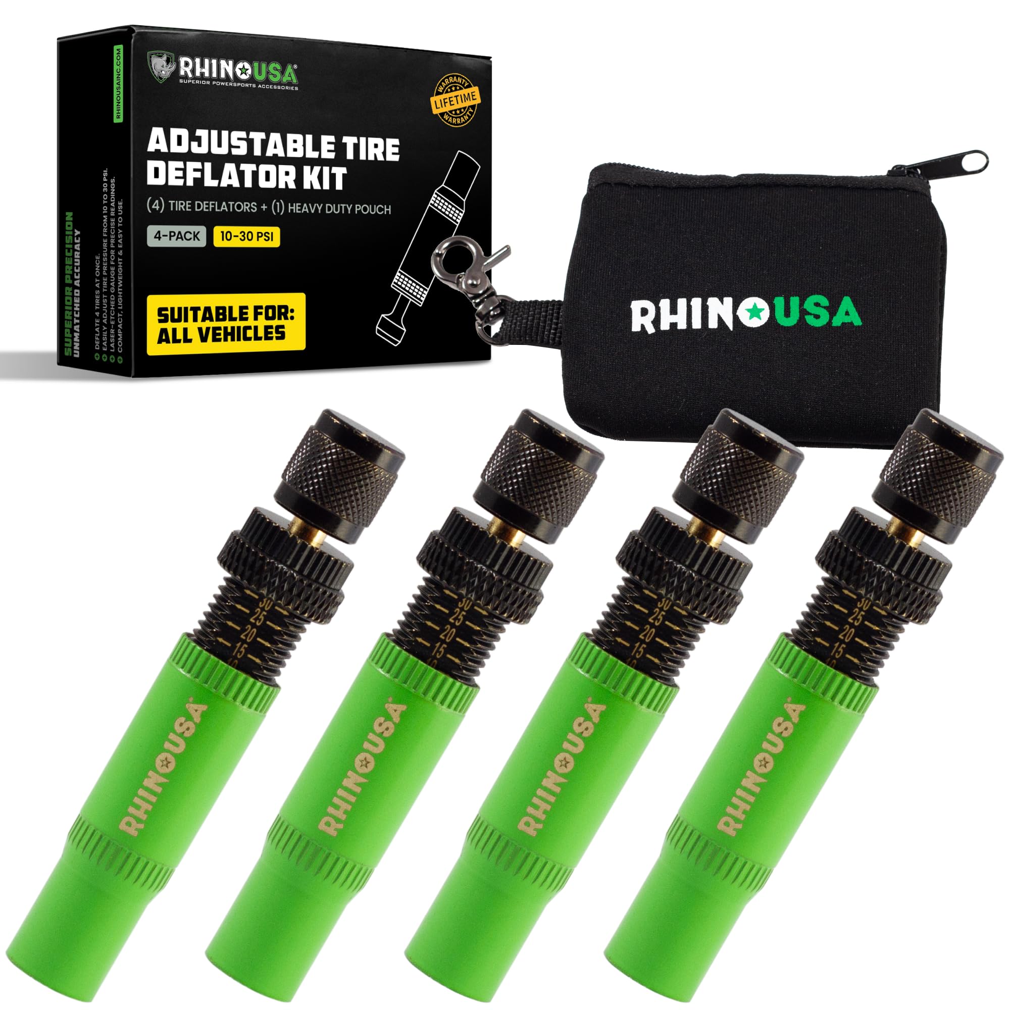 Rhino USA Adjustable Tire Deflator Kit (4-Pack) - 10-30 PSI Air Down Tool