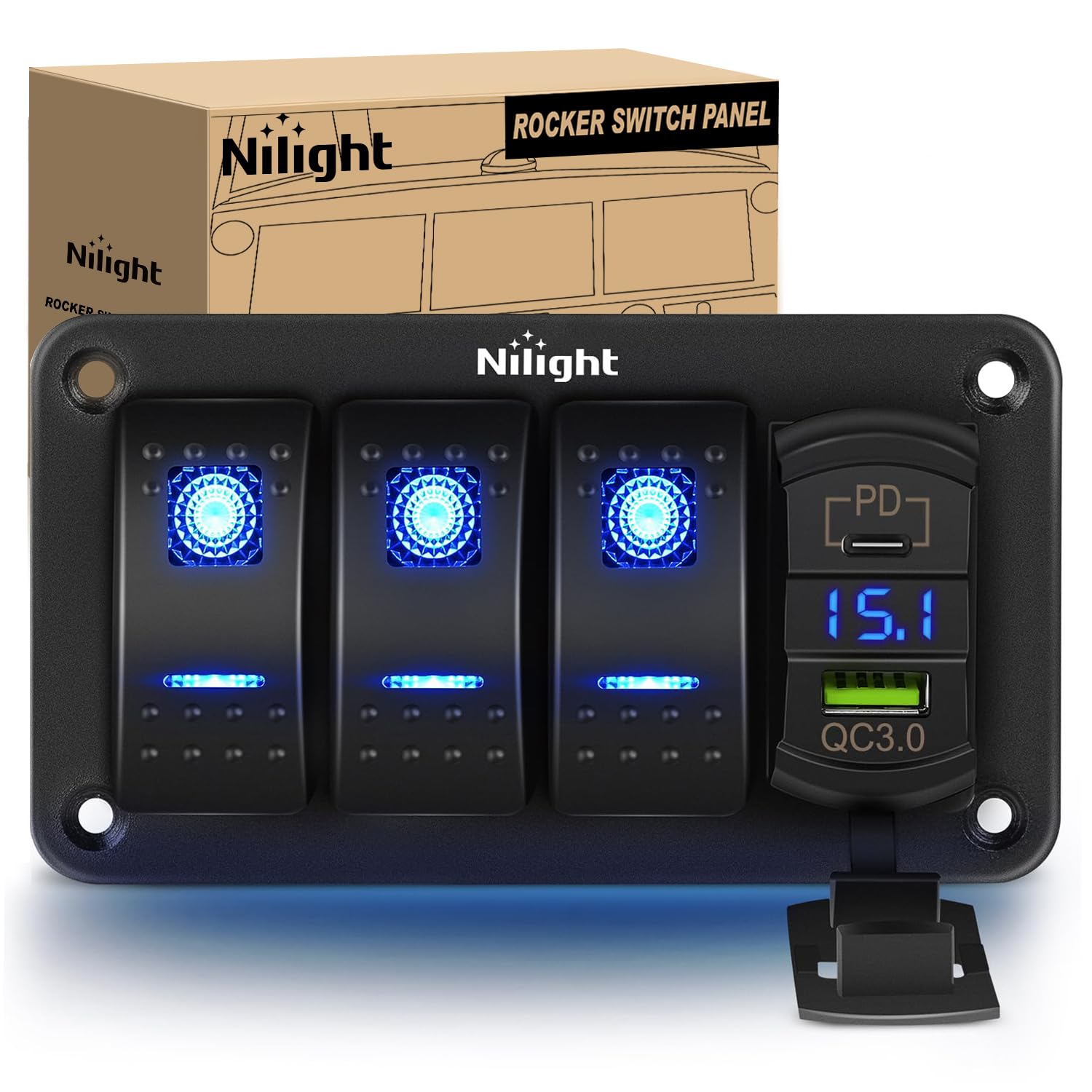 Nilight 3 Gang Rocker Switch Box 12V SPST ON Off PD Type C and QC 3.0 USB Charger Voltmeter Waterproof Aluminum Panel DIY Stickers for Boats Cars RVs Trucks
