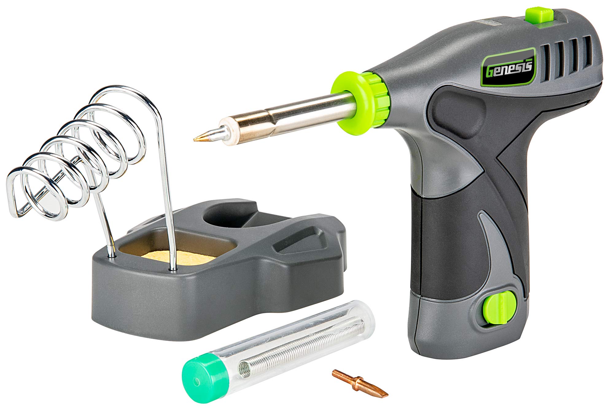 Genesis GLSI08 8V Li-Ion Cordless Soldering Iron with Iron Holder, Solder Wire, Fine Tip, Chisel Tip, Removable Rechargeable Battery, Charger and 2 Year Warranty