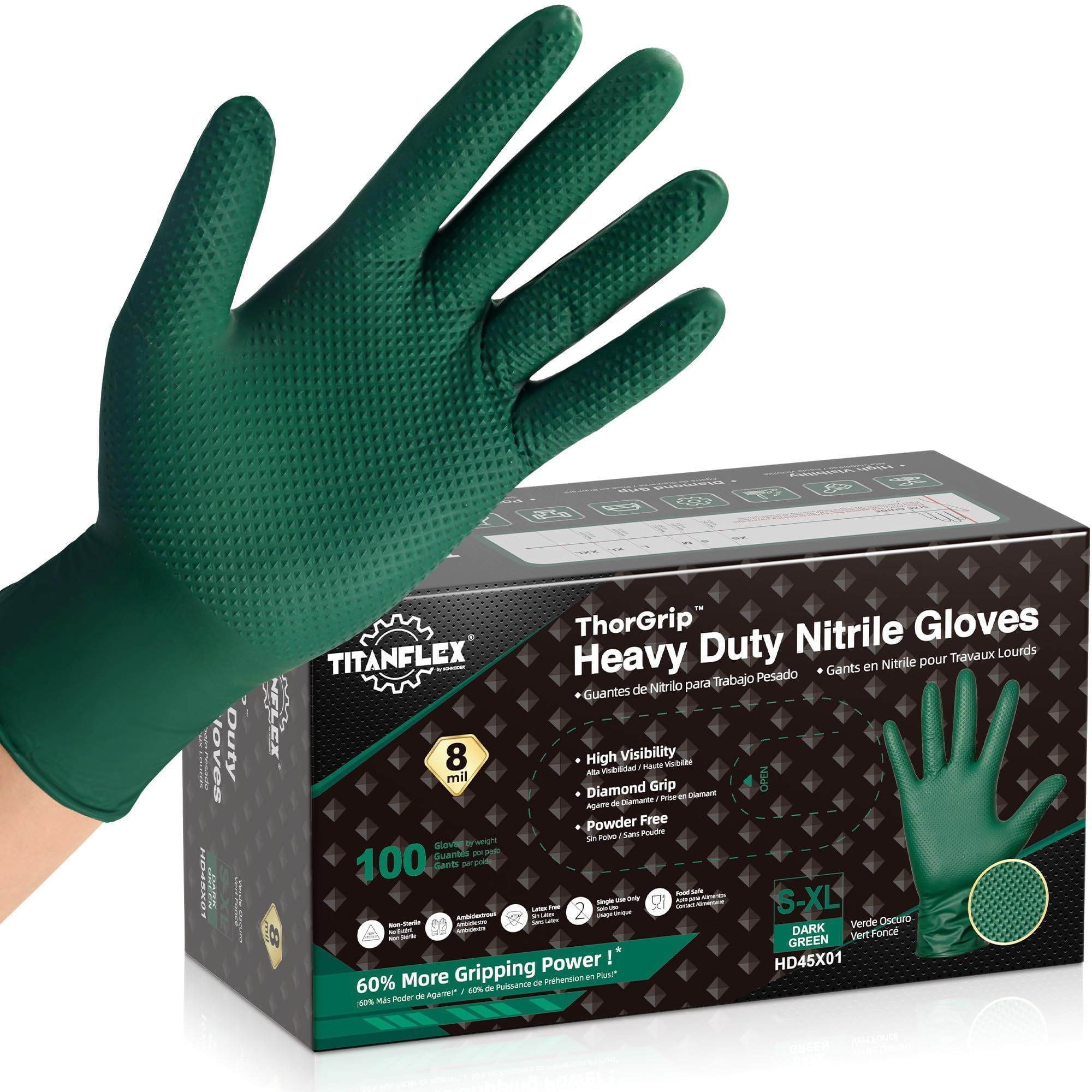 TitanFlex Heavy Duty 8 Mil Nitrile Gloves, Dark Green Raised Diamond Grip, Industrial Disposable Gloves for Mechanics, Work Gloves, Chemical Resistant, Latex Free, Powder Free, 100-ct Box(Large)