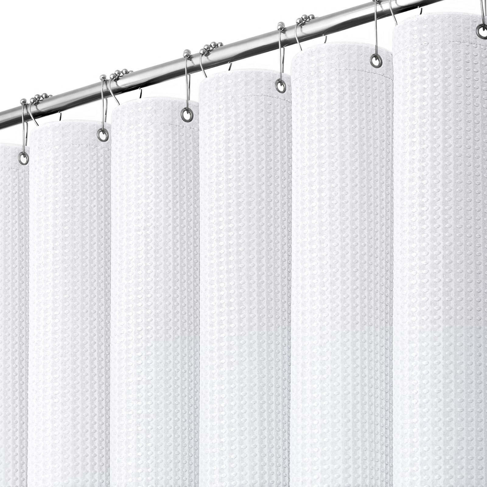Dynamene White Fabric Shower Curtain, Waffle Weave Heavy Duty Thick Fabric Shower Curtains for Bathroom, 256GSM Weighted Hotel Luxury Cloth Shower Curtain Set with 12 Plastic Hooks, 72Wx72H, White