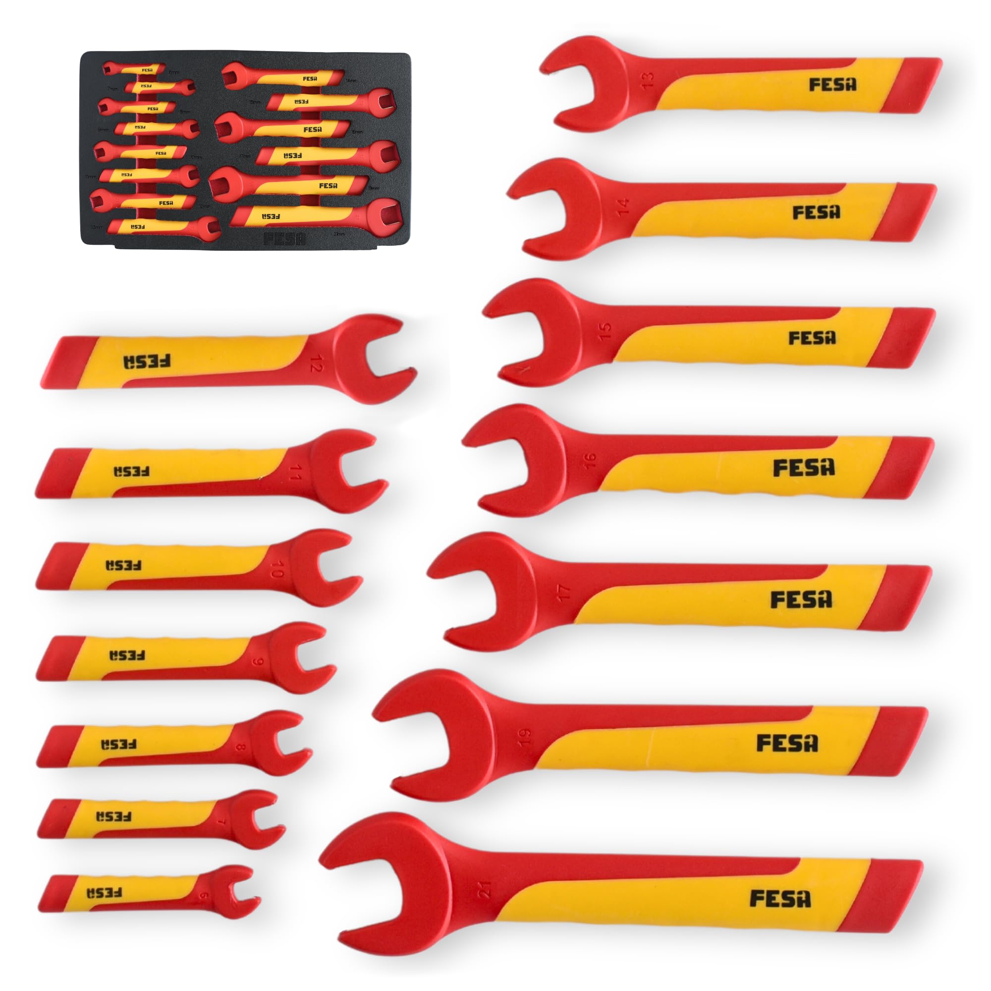 FESA 1000V Insulated Open End Wrenches - 14-Piece Professional Insulated Wrench Set with Traction Handles, Durable CR-V Steel - 1000 Volt Tools for Electricians & Mechanics (Metric)
