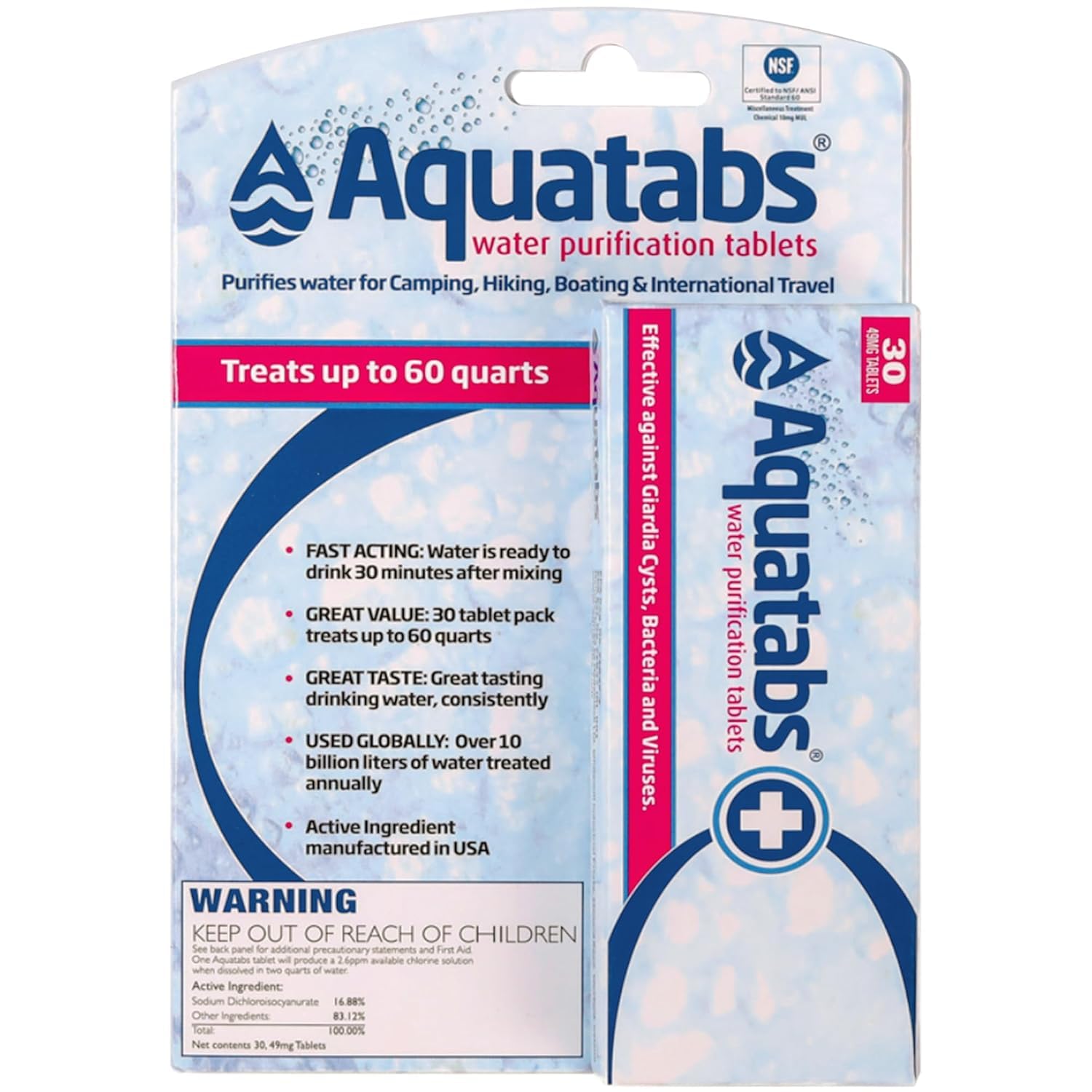 Aquatabs 49mg Water Purification Tablets (30 Pack). Portable Water Purifier for Camping Essentials, Lightweight Camping Gear or Survival Kit, EPA Registered & NSF/ANSI 60 Certified, Fast-Acting